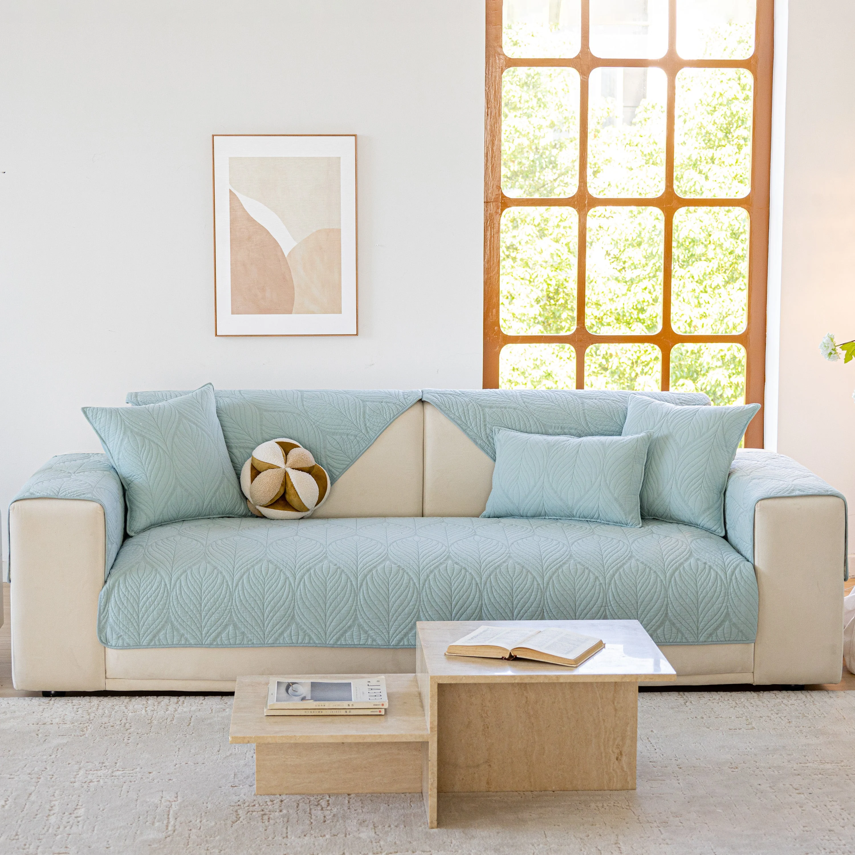 Leaf Vein Textured Cotton Quilted Sofa Slipcover, Non-Slip Modular Couch Covers - Image 73
