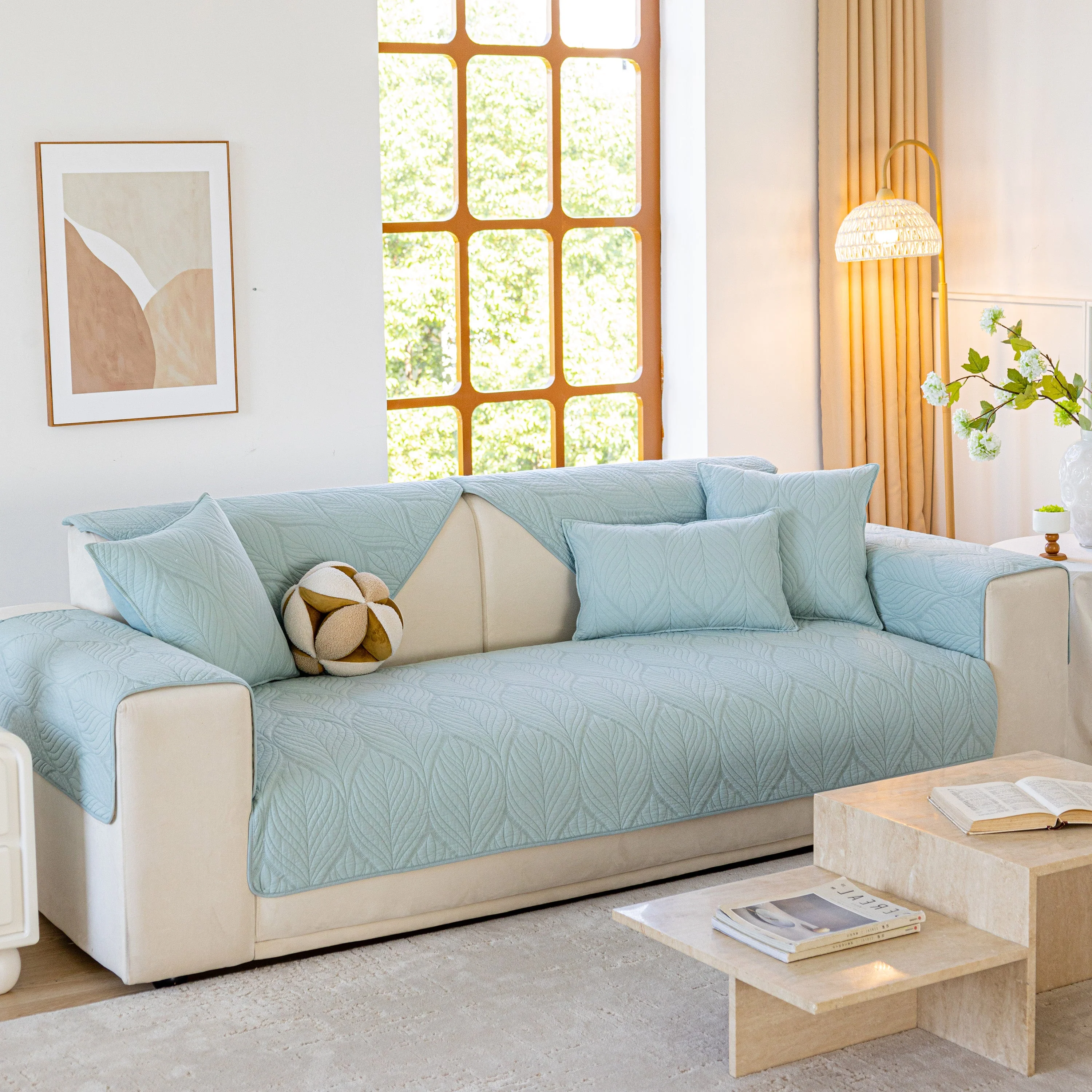 Leaf Vein Textured Cotton Quilted Sofa Slipcover, Non-Slip Modular Couch Covers - Image 74