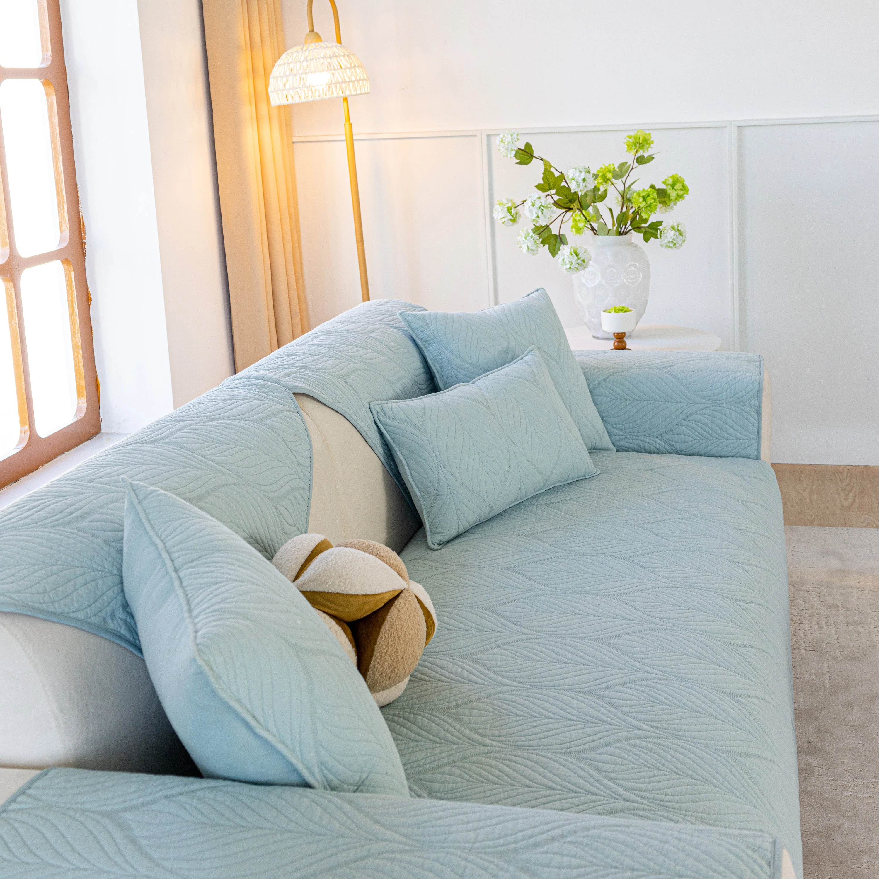 Leaf Vein Textured Cotton Quilted Sofa Slipcover, Non-Slip Modular Couch Covers - Image 75