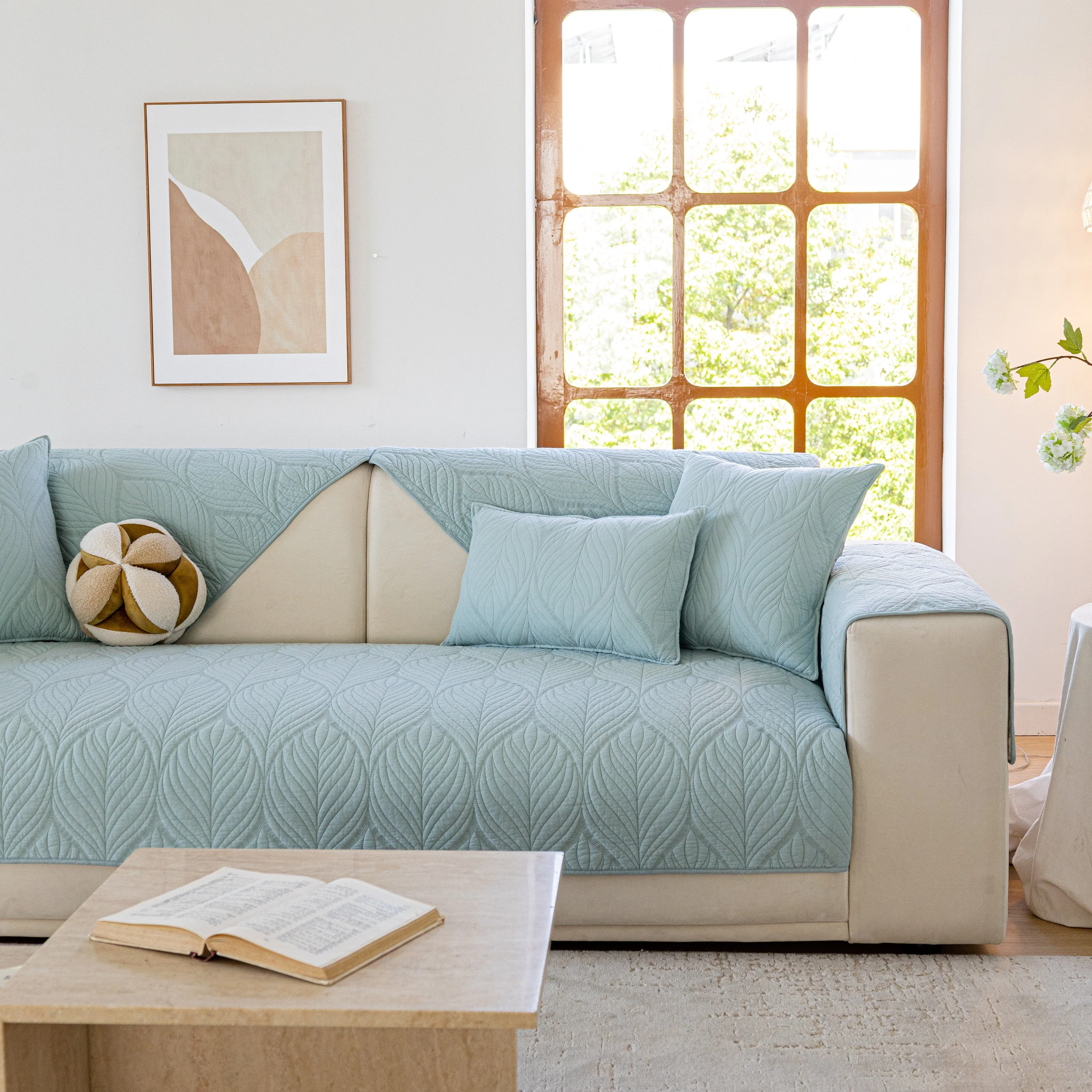 Leaf Vein Textured Cotton Quilted Sofa Slipcover, Non-Slip Modular Couch Covers - Image 78