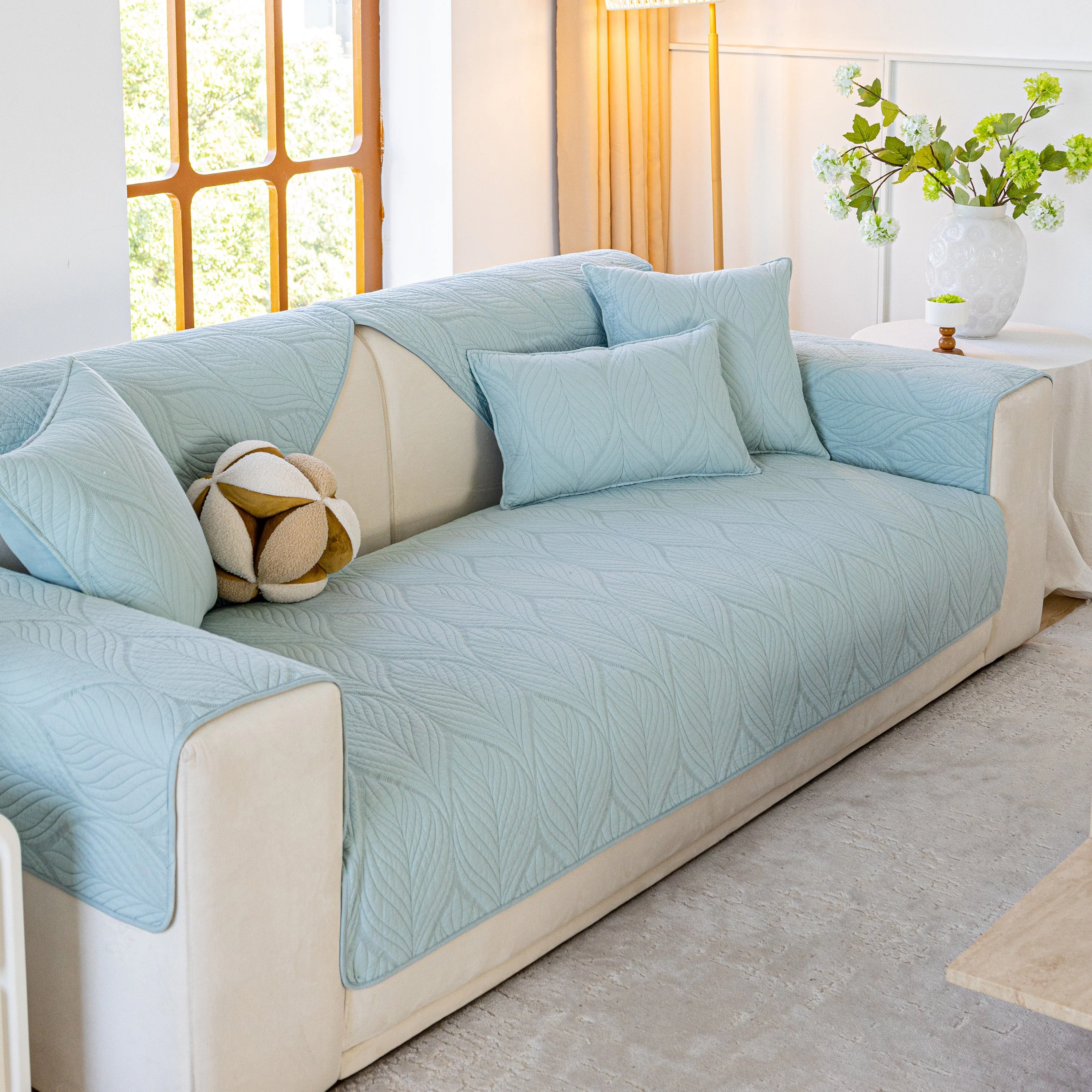 Leaf Vein Textured Cotton Quilted Sofa Slipcover, Non-Slip Modular Couch Covers - Image 79
