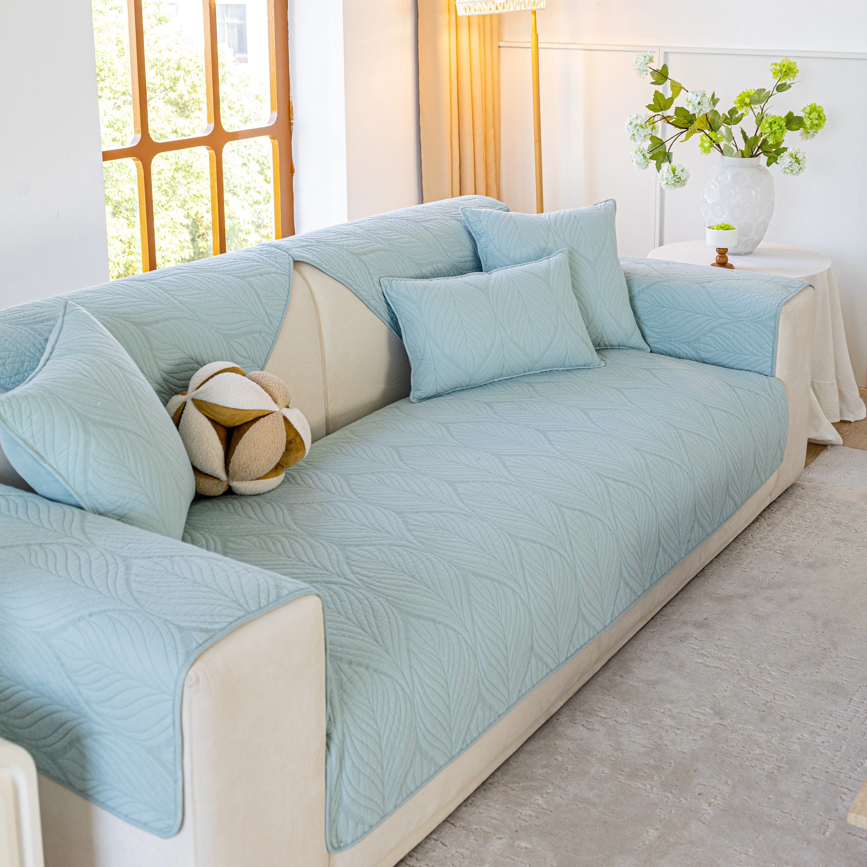 Leaf Vein Textured Cotton Quilted Sofa Slipcover, Non-Slip Modular Couch Covers - Image 80