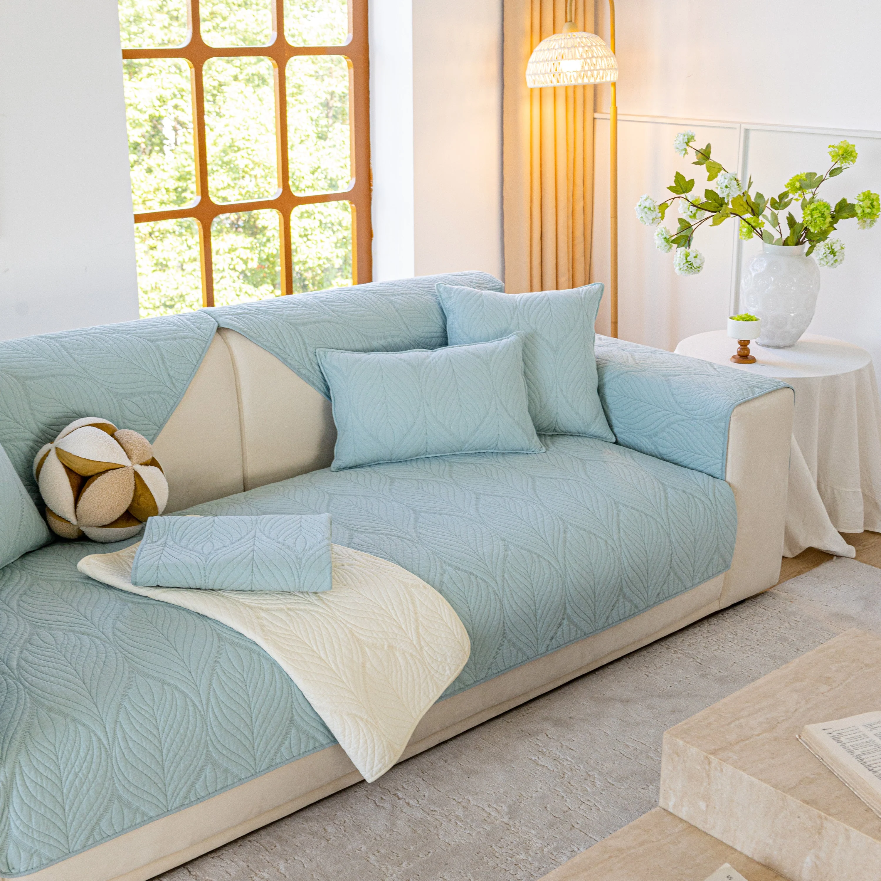 Leaf Vein Textured Cotton Quilted Sofa Slipcover, Non-Slip Modular Couch Covers - Image 81