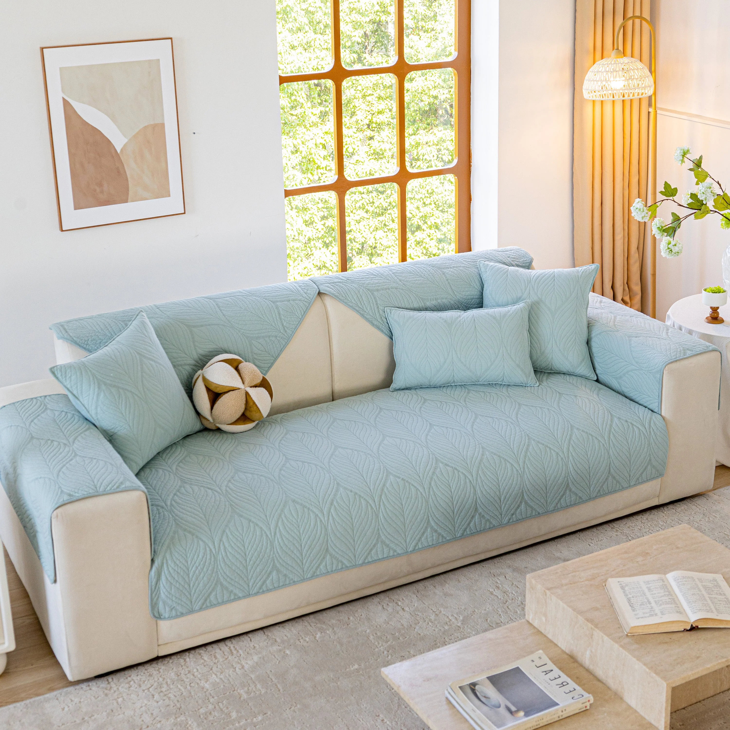 Leaf Vein Textured Cotton Quilted Sofa Slipcover, Non-Slip Modular Couch Covers - Image 83