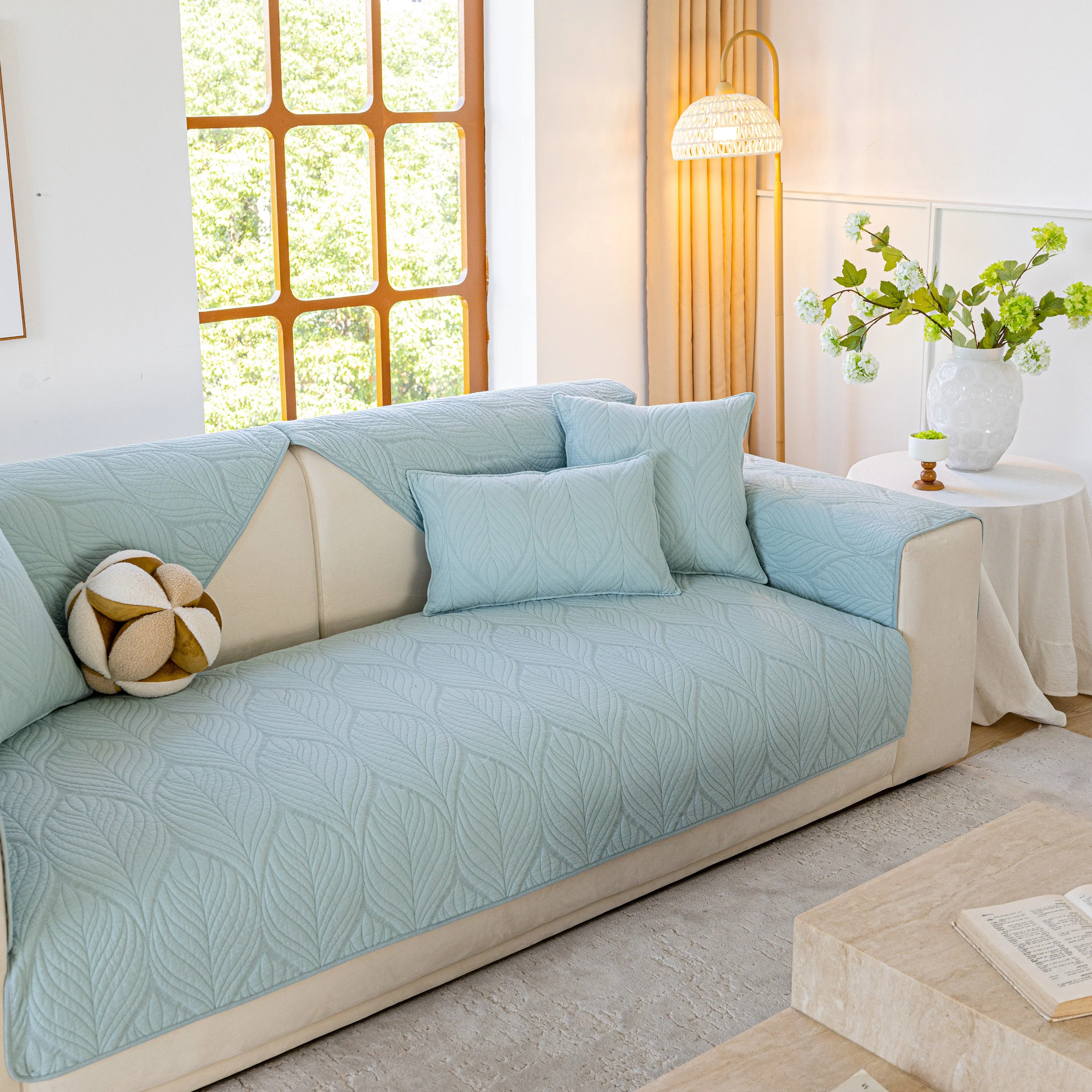 Leaf Vein Textured Cotton Quilted Sofa Slipcover, Non-Slip Modular Couch Covers - Image 84