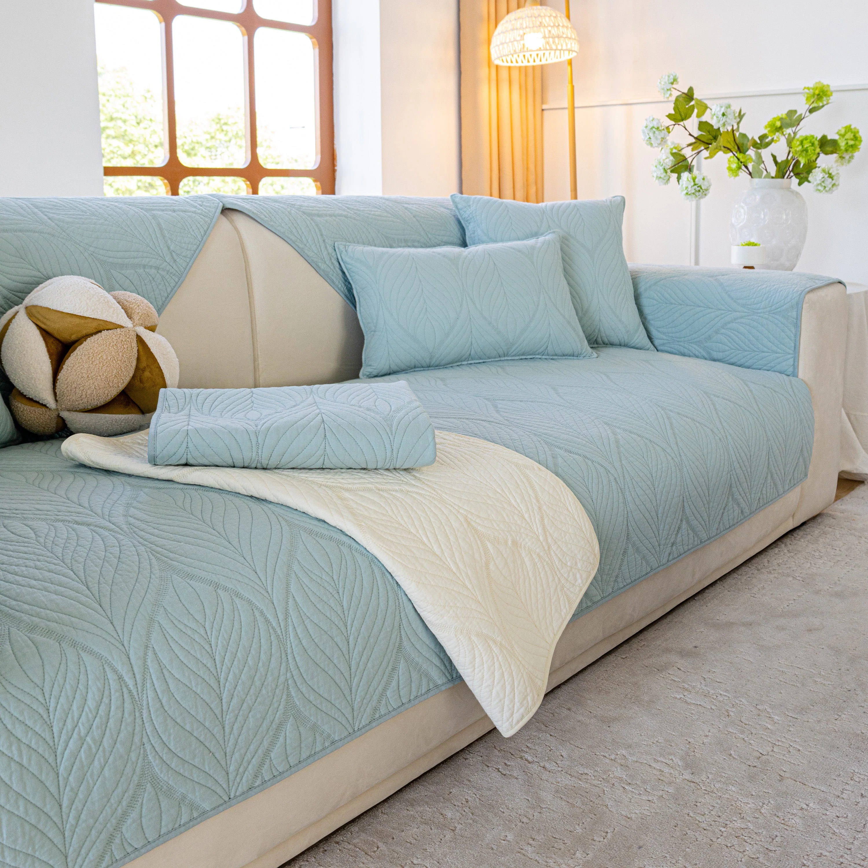 Leaf Vein Textured Cotton Quilted Sofa Slipcover, Non-Slip Modular Couch Covers - Image 85