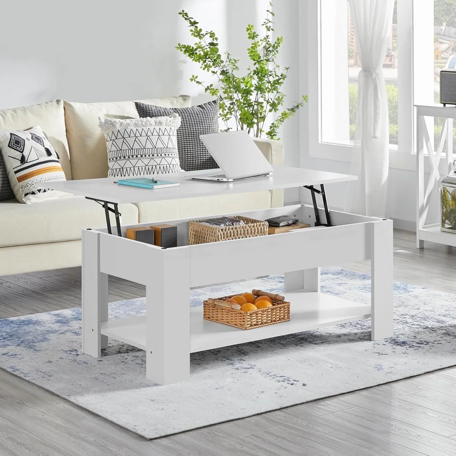 Lift-Top Coffee Table Laptop Desk TV Tray in White Wood Finish - Image 2