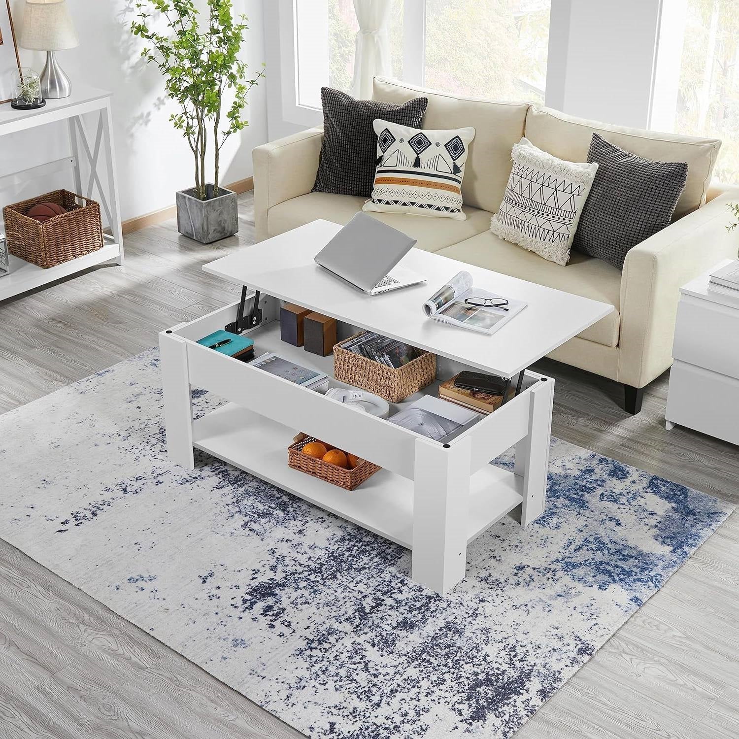 Lift-Top Coffee Table Laptop Desk TV Tray in White Wood Finish - Image 3