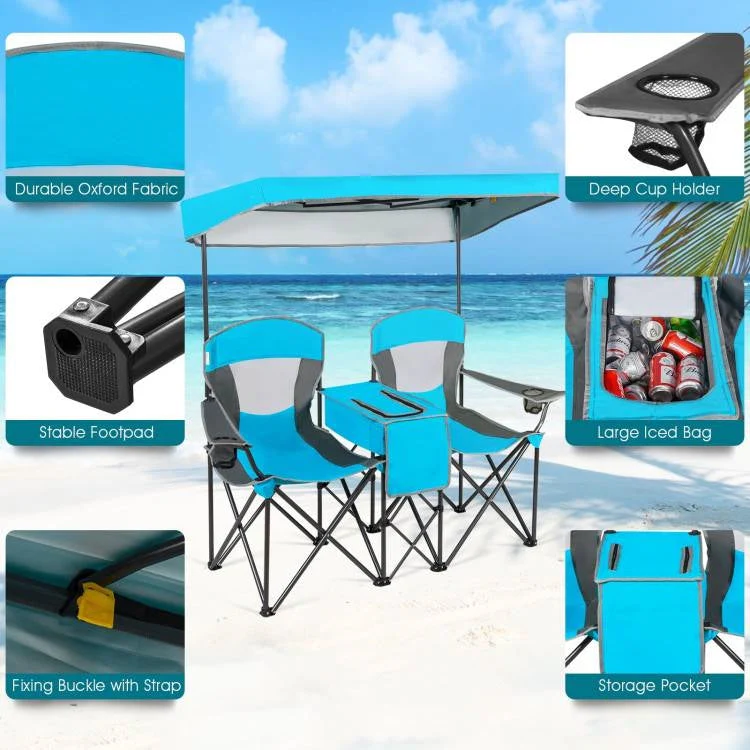 Light Blue 2-Piece Folding Canopy Chair Set with Cup Holder and Storage Pocket - Image 3