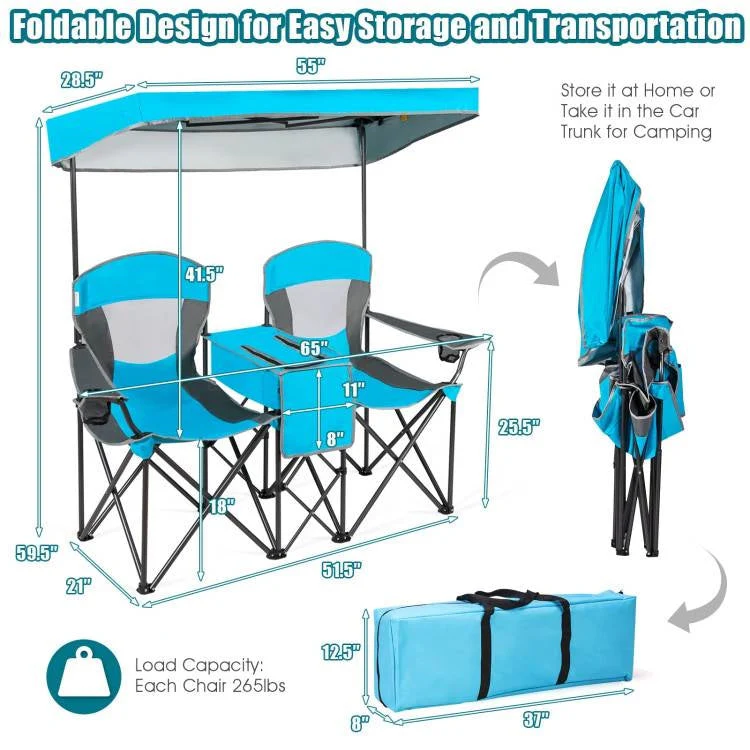 Light Blue 2-Piece Folding Canopy Chair Set with Cup Holder and Storage Pocket - Image 5