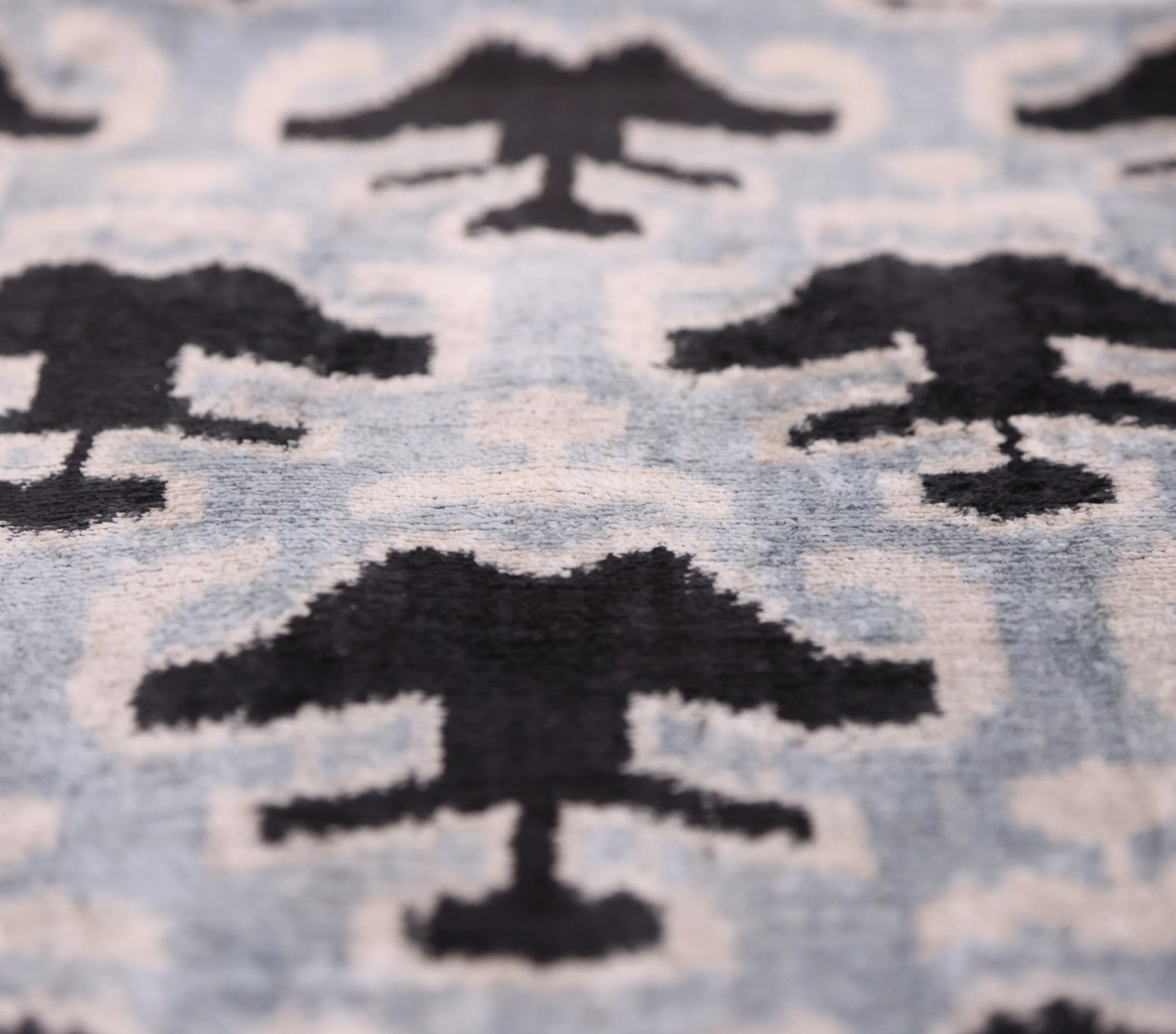 Light Blue Black Silk Velvet Pillow – 20x20 Handmade Ikat Throw Cushion - Image 3