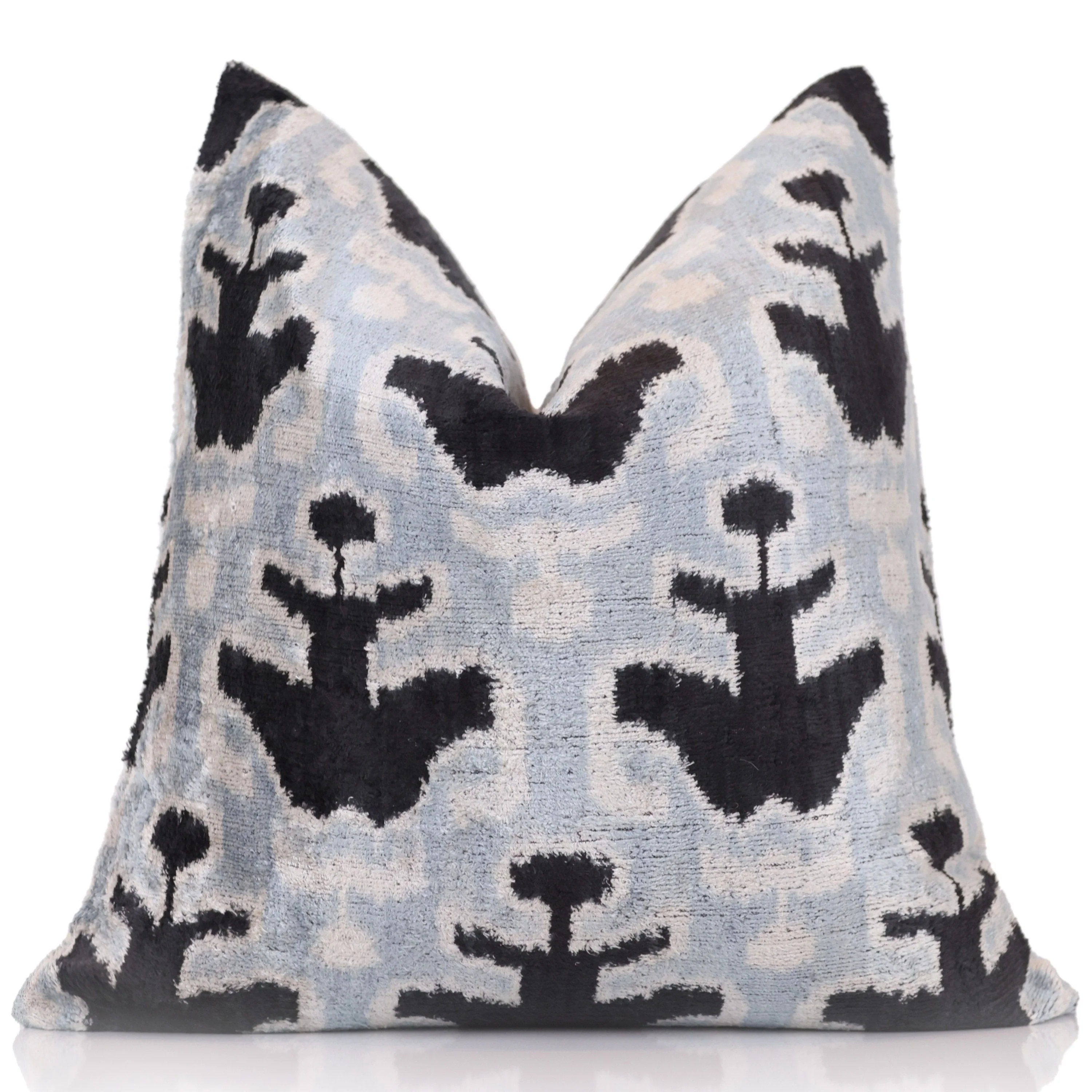 Light Blue Black Silk Velvet Pillow – 20x20 Handmade Ikat Throw Cushion - Image 5