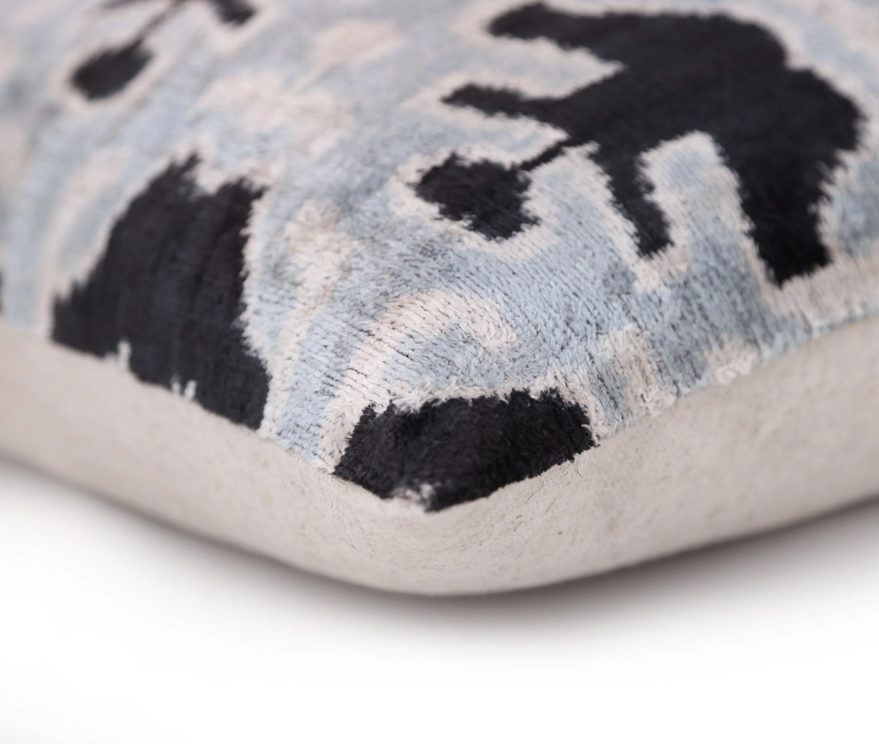 Light Blue Black Silk Velvet Pillow – 20x20 Handmade Ikat Throw Cushion - Image 8