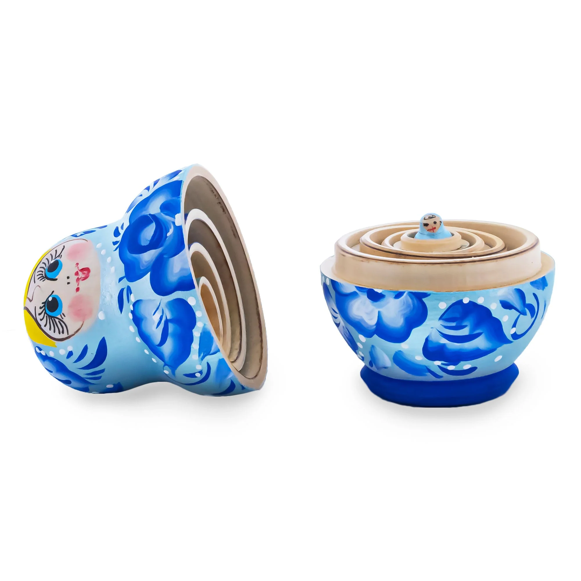 Light Blue Color with Blue Flowers Wooden  Nesting Dolls - Image 3