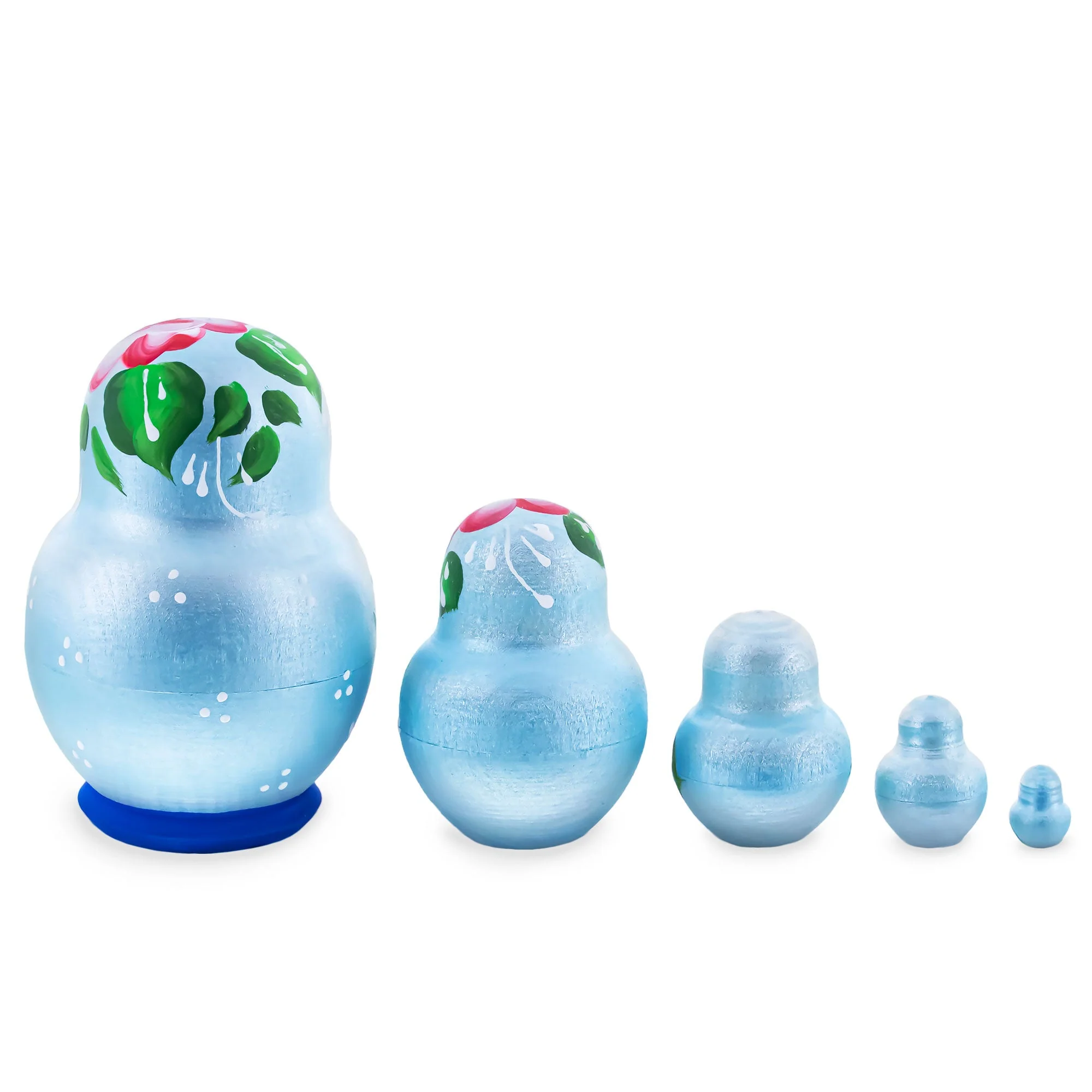 Light Blue Color with Red Flower Wooden  Nesting Dolls - Image 2