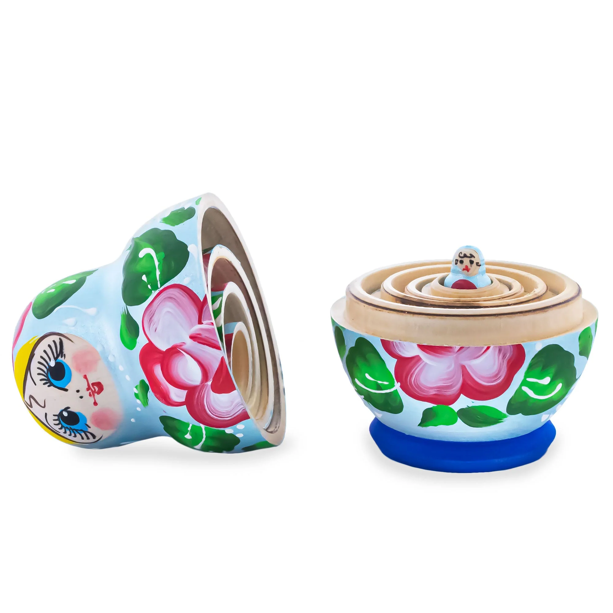 Light Blue Color with Red Flower Wooden  Nesting Dolls - Image 3
