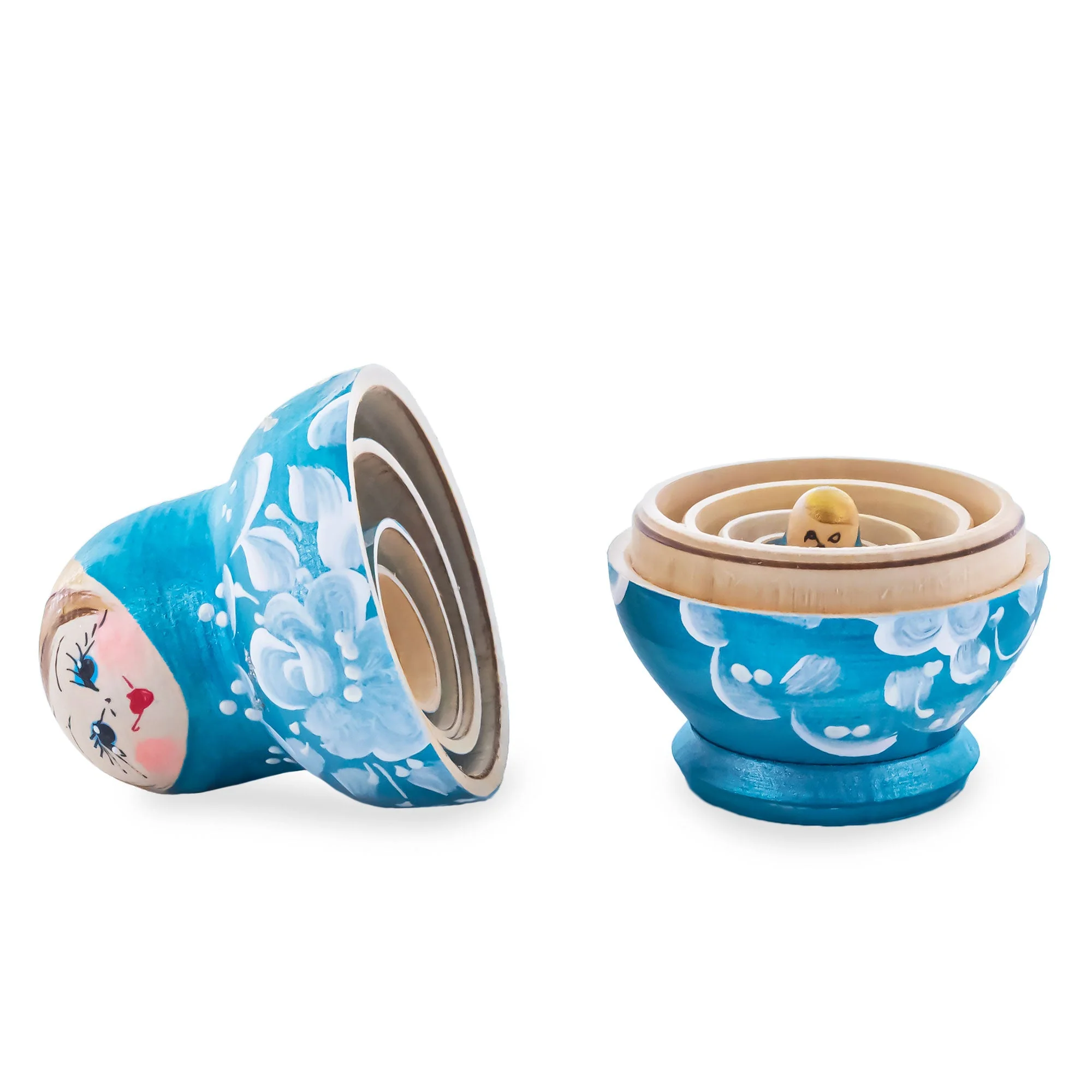 Light Blue Color with White Flower Wooden  Nesting Dolls - Image 3
