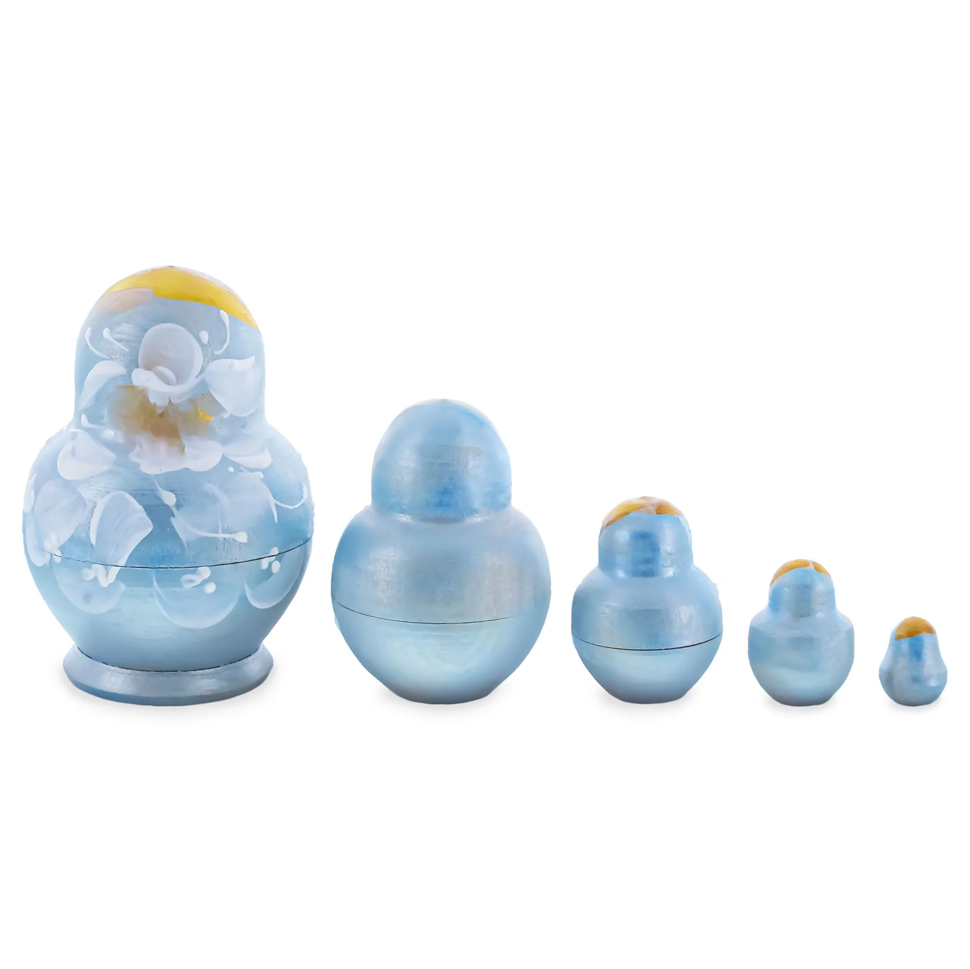 Light Blue Color with White Flowers Wooden  Nesting Dolls - Image 2