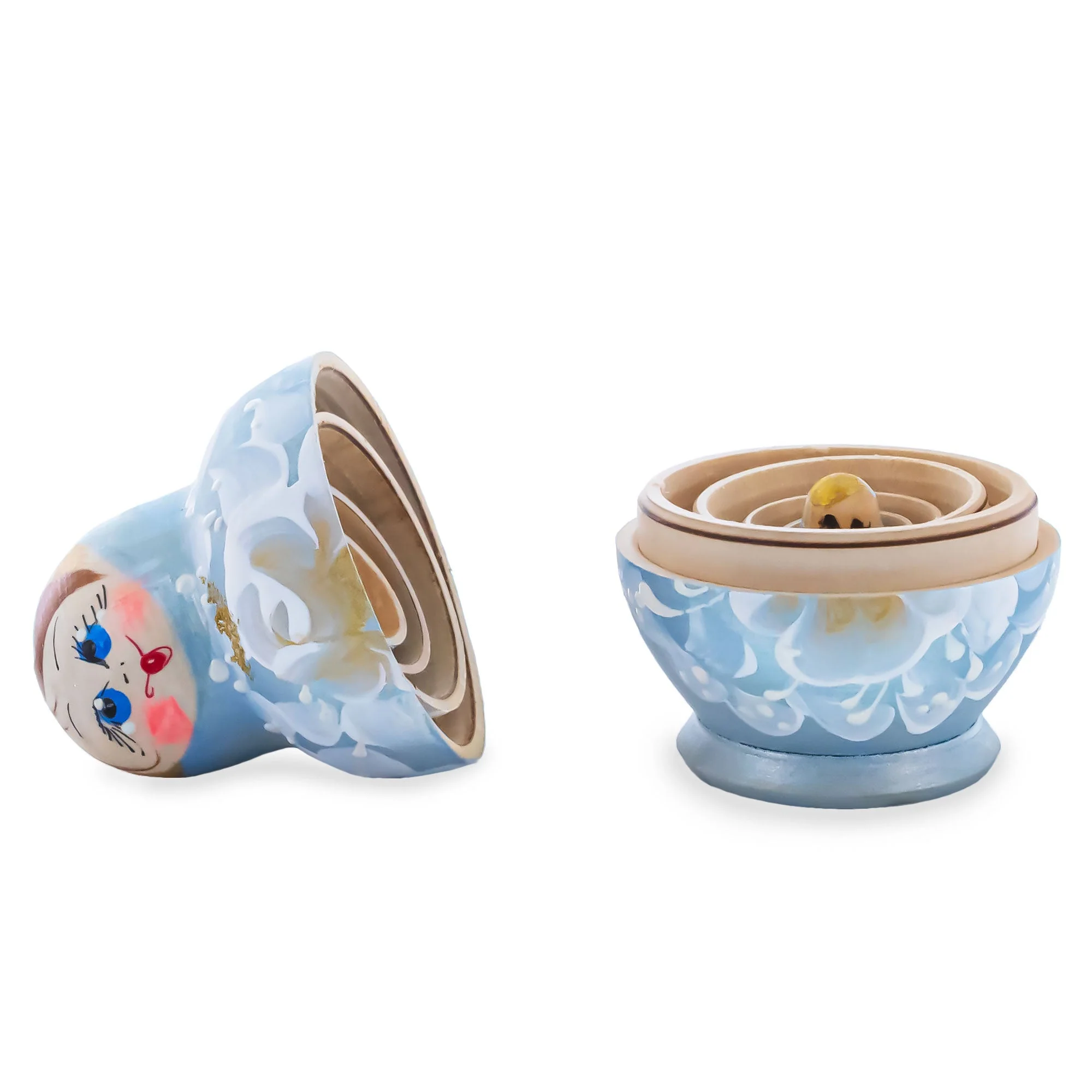 Light Blue Color with White Flowers Wooden  Nesting Dolls - Image 3