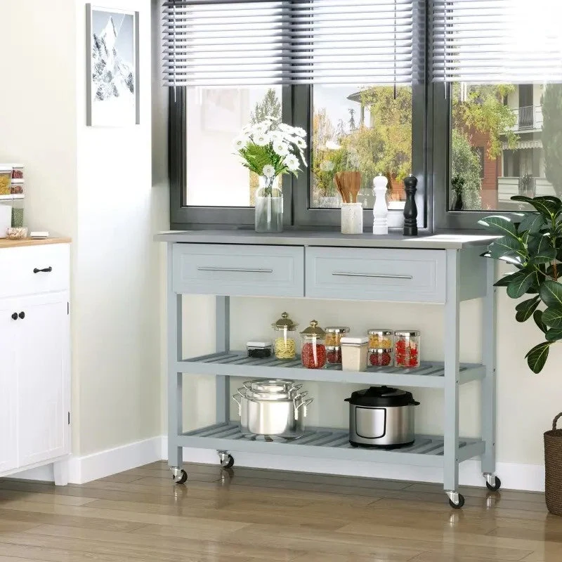 Light Gray Rolling Kitchen Island 2 Drawers Storage with Stainless Steel Top - Image 3