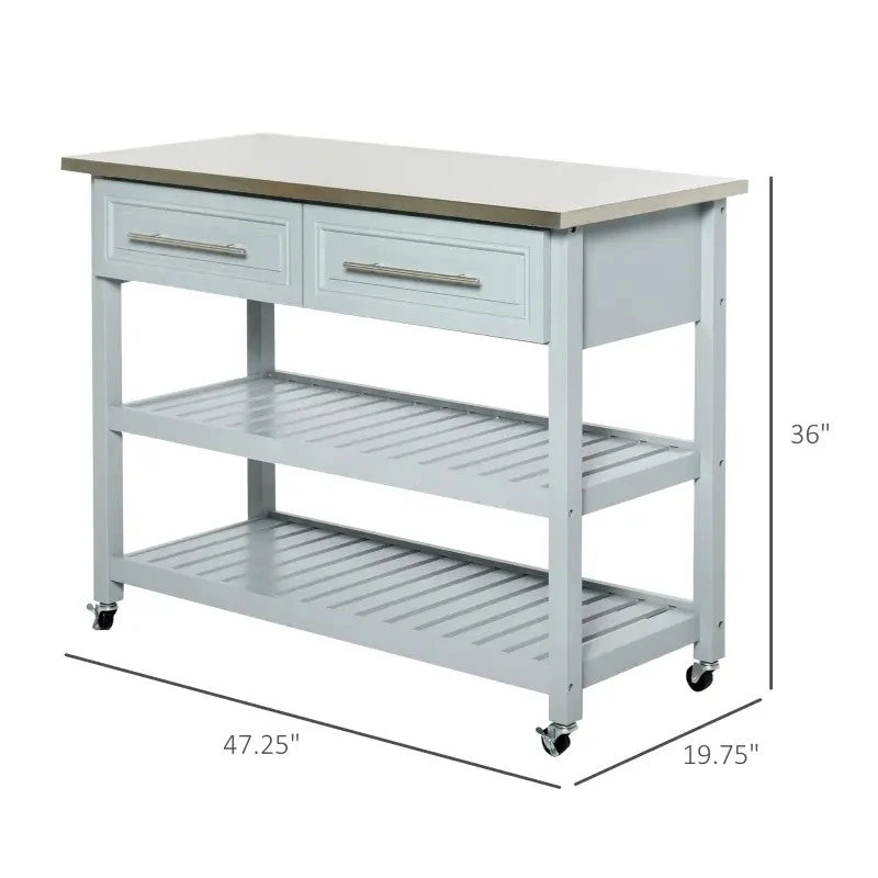 Light Gray Rolling Kitchen Island 2 Drawers Storage with Stainless Steel Top - Image 4