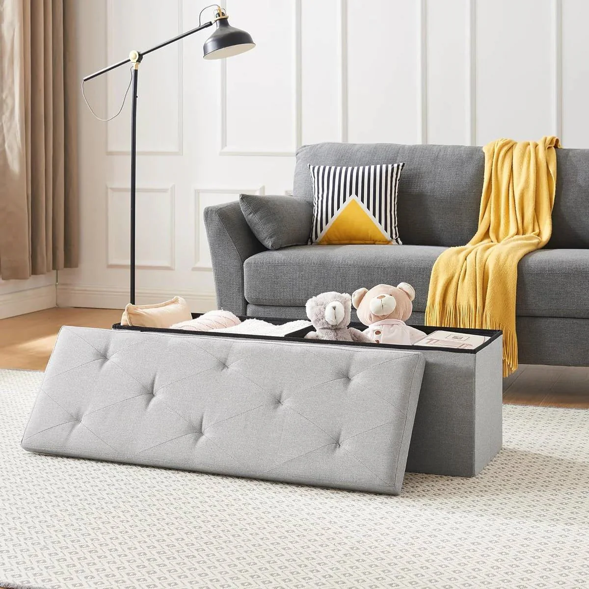 Light Grey Linen Upholstered Bedroom Living Room Entryway Storage Bench Ottoman - Image 2