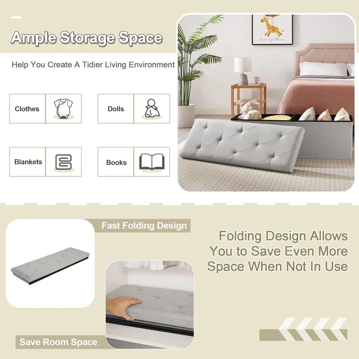 Light Grey Linen Upholstered Bedroom Living Room Entryway Storage Bench Ottoman - Image 3