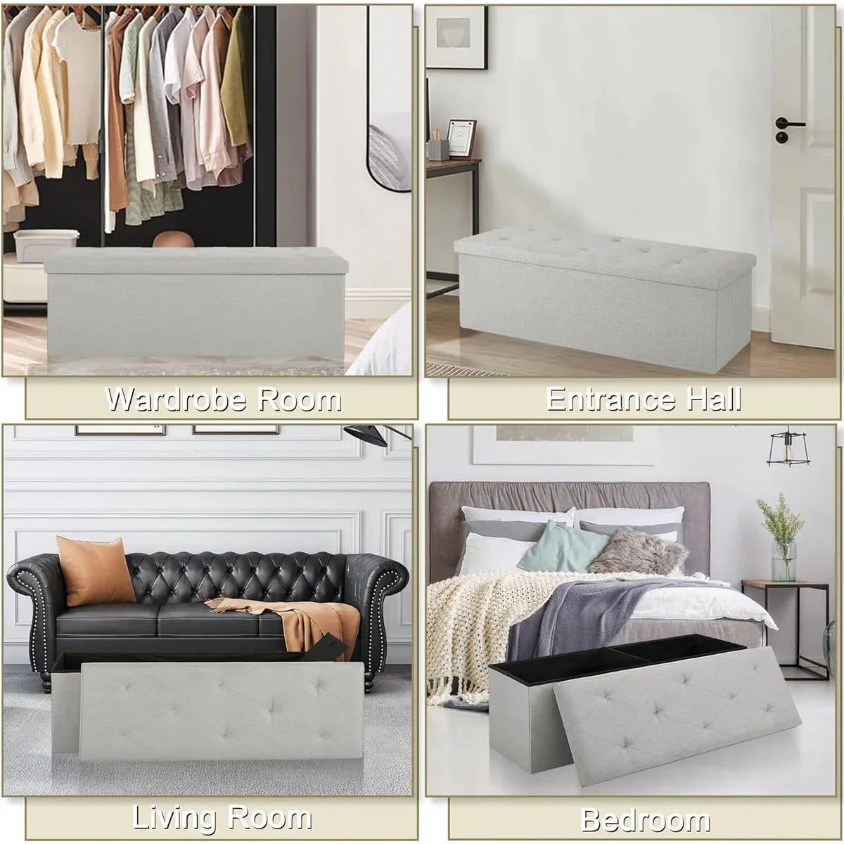 Light Grey Linen Upholstered Bedroom Living Room Entryway Storage Bench Ottoman - Image 4