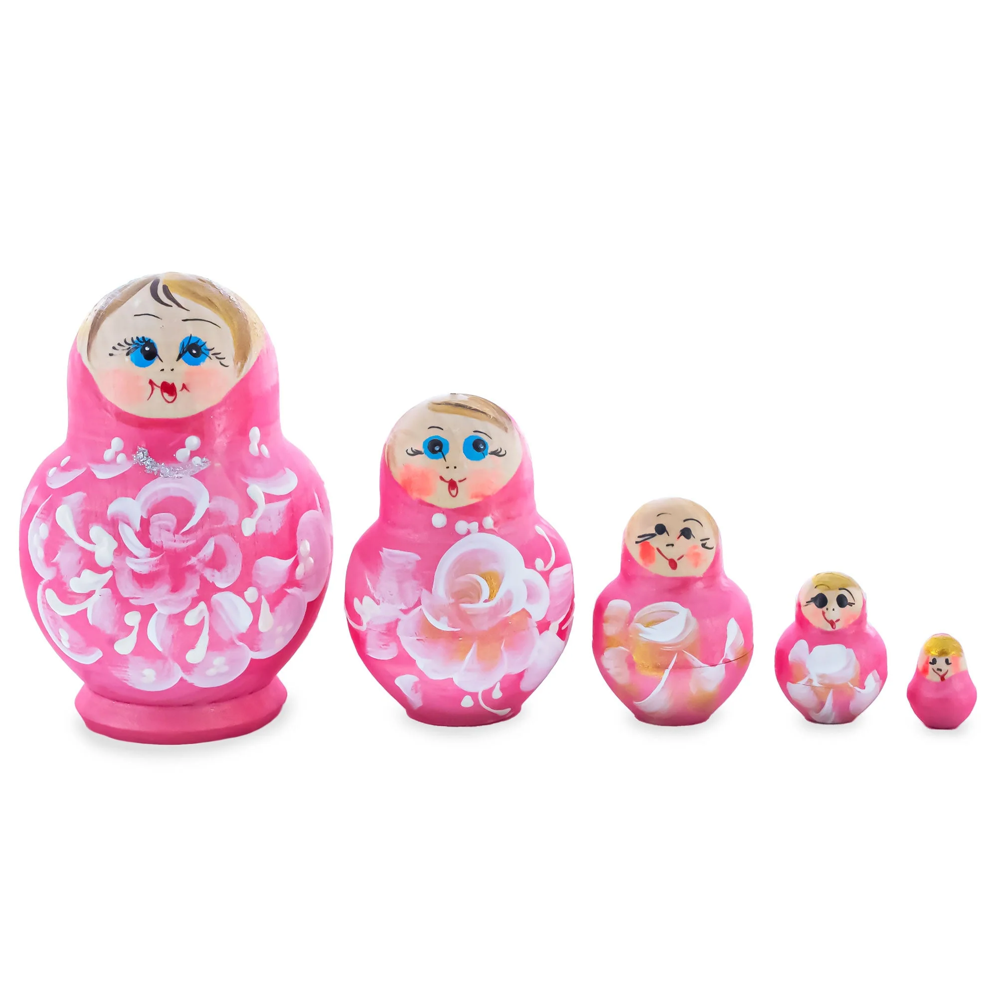 Light Pink Color with White Flowers Wooden Nesting Dolls