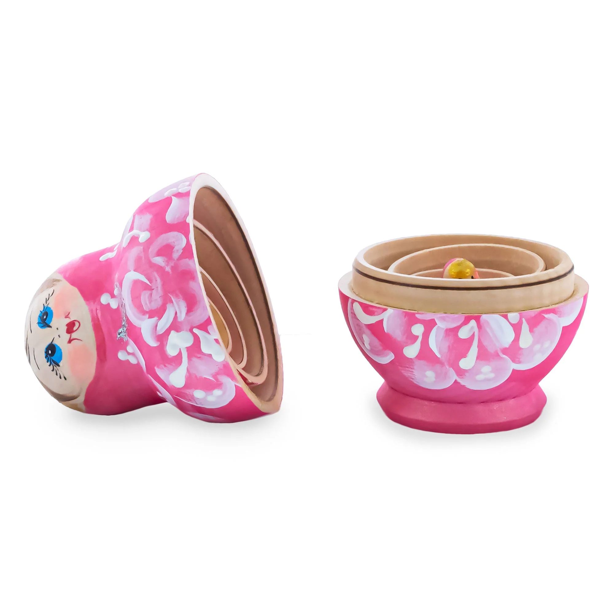 Light Pink Color with White Flowers Wooden Nesting Dolls - Image 2