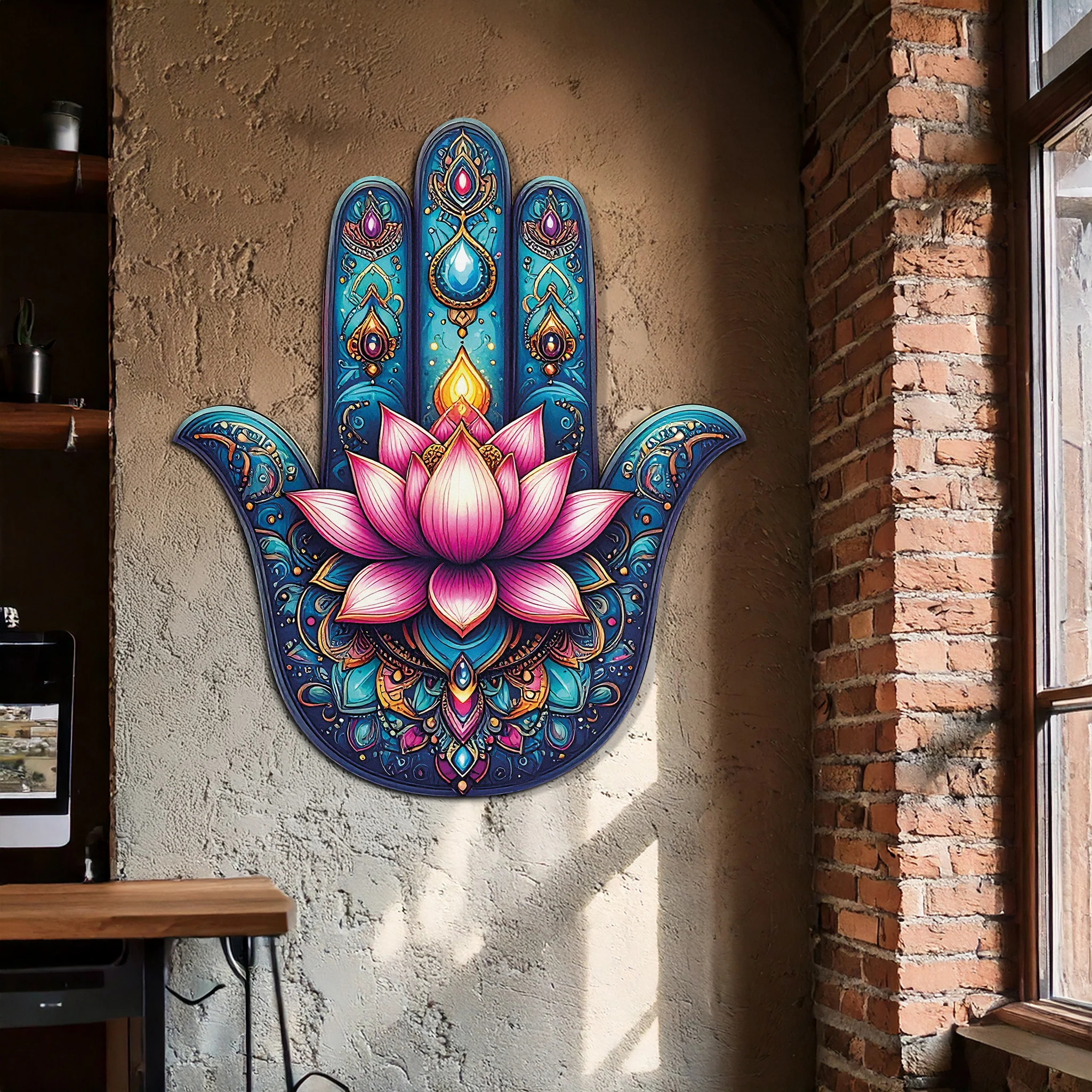 Lotus Hamsa Hand Metal Wall Art – Mystic Boho Decor-KAFUVM035 - Image 2