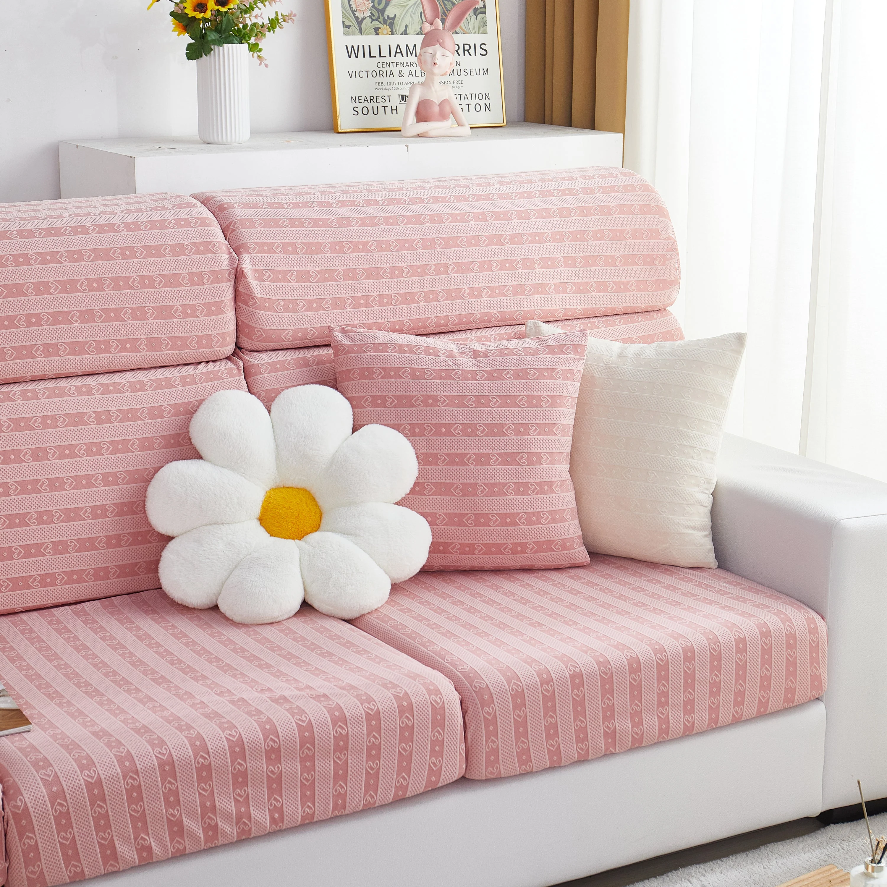 Love Stripe Jacquard Fleece Fabric Stretch Cushion Cover, Non-Slip Furniture Protector for Kids, Couch Cushion Covers - Image 7