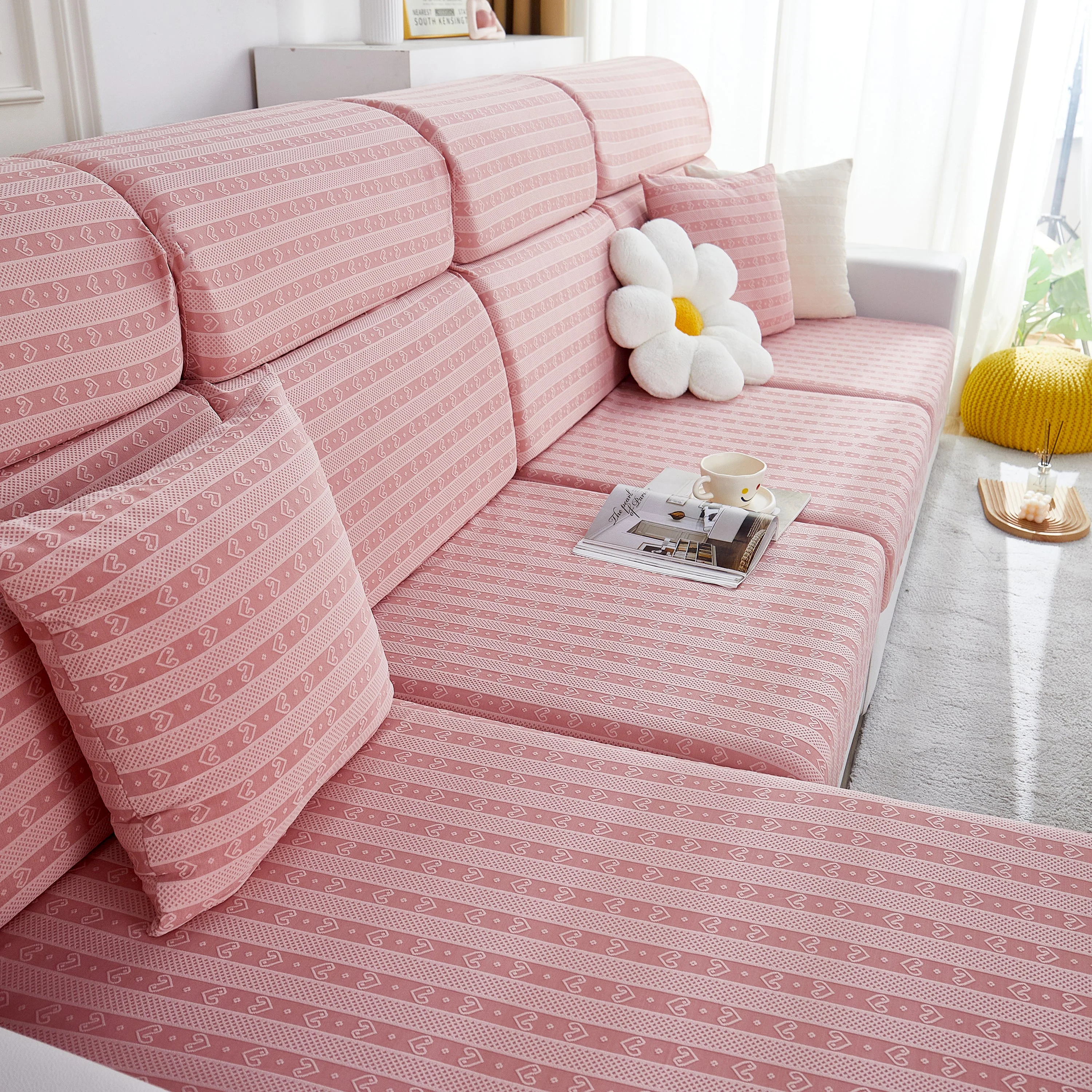 Love Stripe Jacquard Fleece Fabric Stretch Cushion Cover, Non-Slip Furniture Protector for Kids, Couch Cushion Covers - Image 8