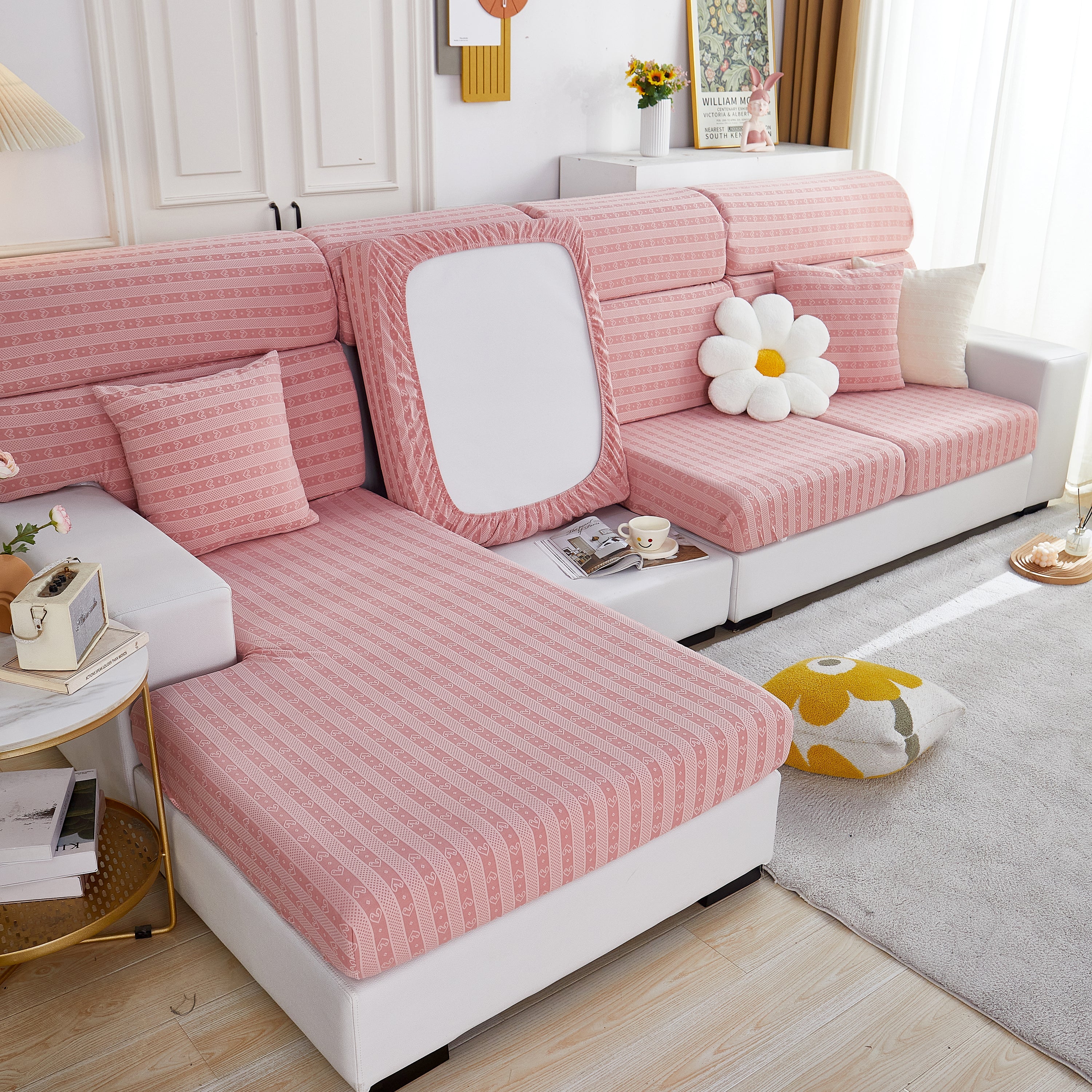 Love Stripe Jacquard Fleece Fabric Stretch Cushion Cover, Non-Slip Furniture Protector for Kids, Couch Cushion Covers - Image 9