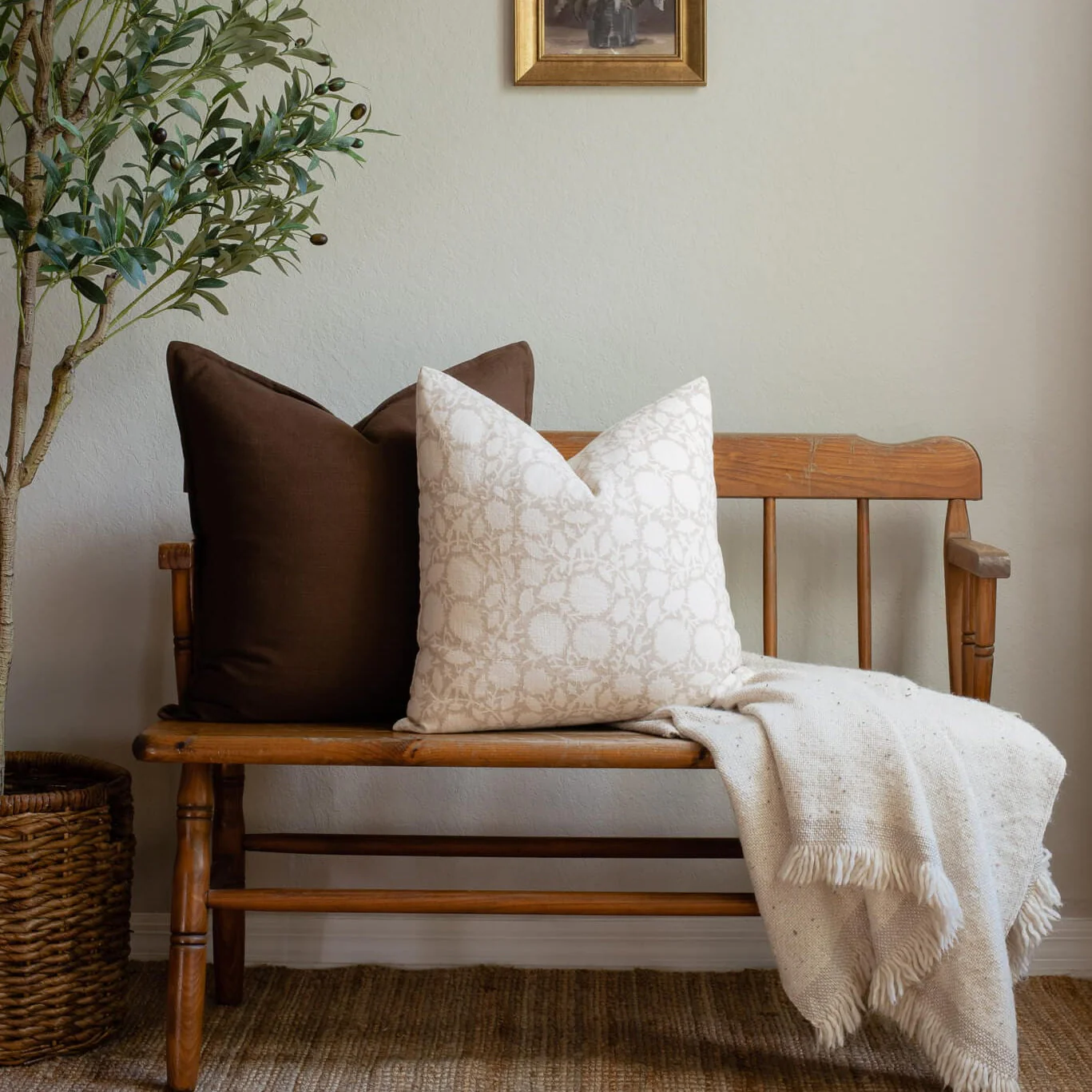 Luana Floral Block Printed Pillow Cover | Beige/Brown - Image 10