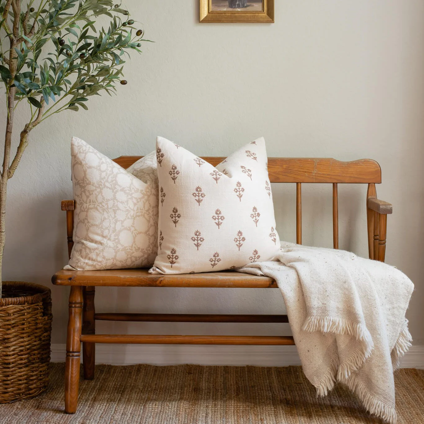 Luana Floral Block Printed Pillow Cover | Beige/Brown - Image 11