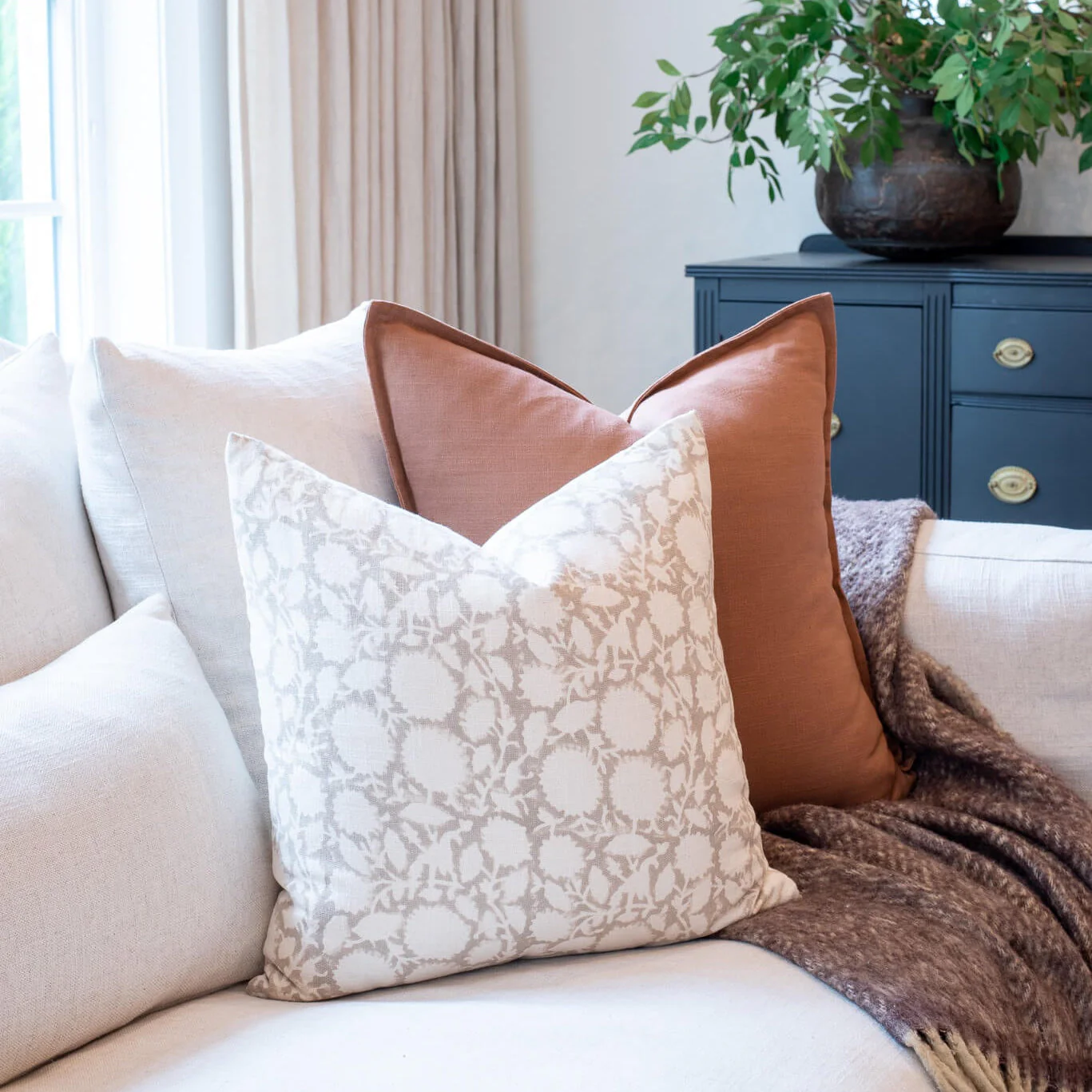 Luana Floral Block Printed Pillow Cover | Beige/Brown - Image 2