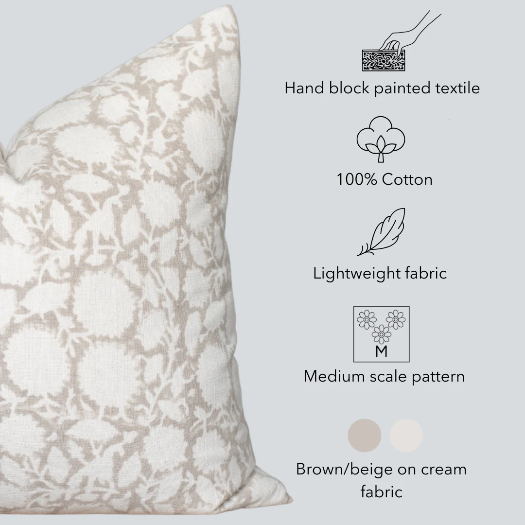 Luana Floral Block Printed Pillow Cover | Beige/Brown - Image 5