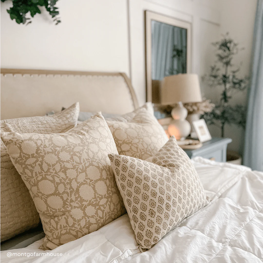 Luana Floral Block Printed Pillow Cover | Beige/Brown - Image 6
