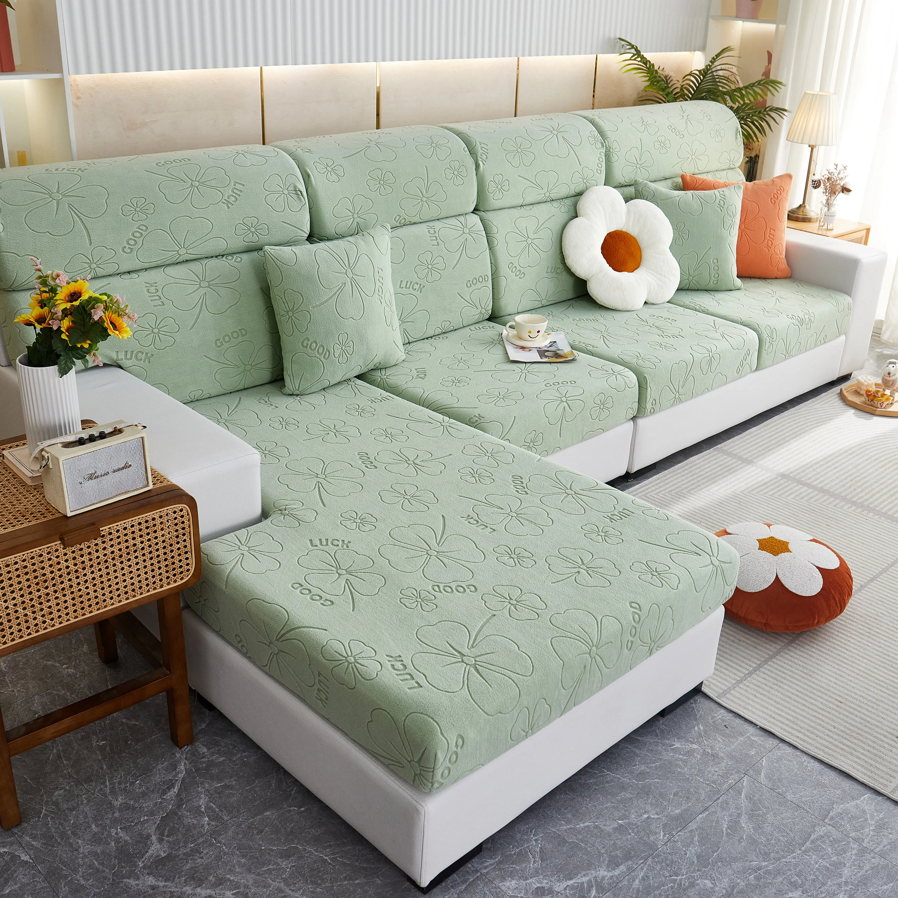 Lucky Clover Slipcover Non-Slip Stretch Jacquard Polar Fleece Sofa Cover for Pets, Cushions, Couches - Image 11