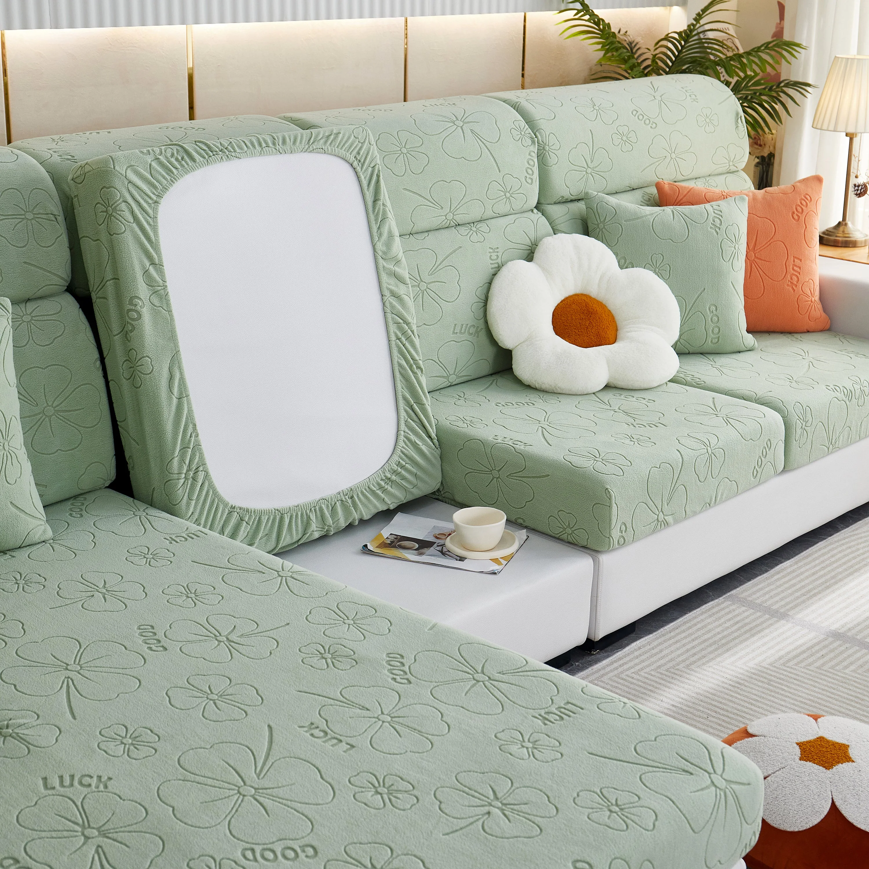 Lucky Clover Slipcover Non-Slip Stretch Jacquard Polar Fleece Sofa Cover for Pets, Cushions, Couches - Image 21