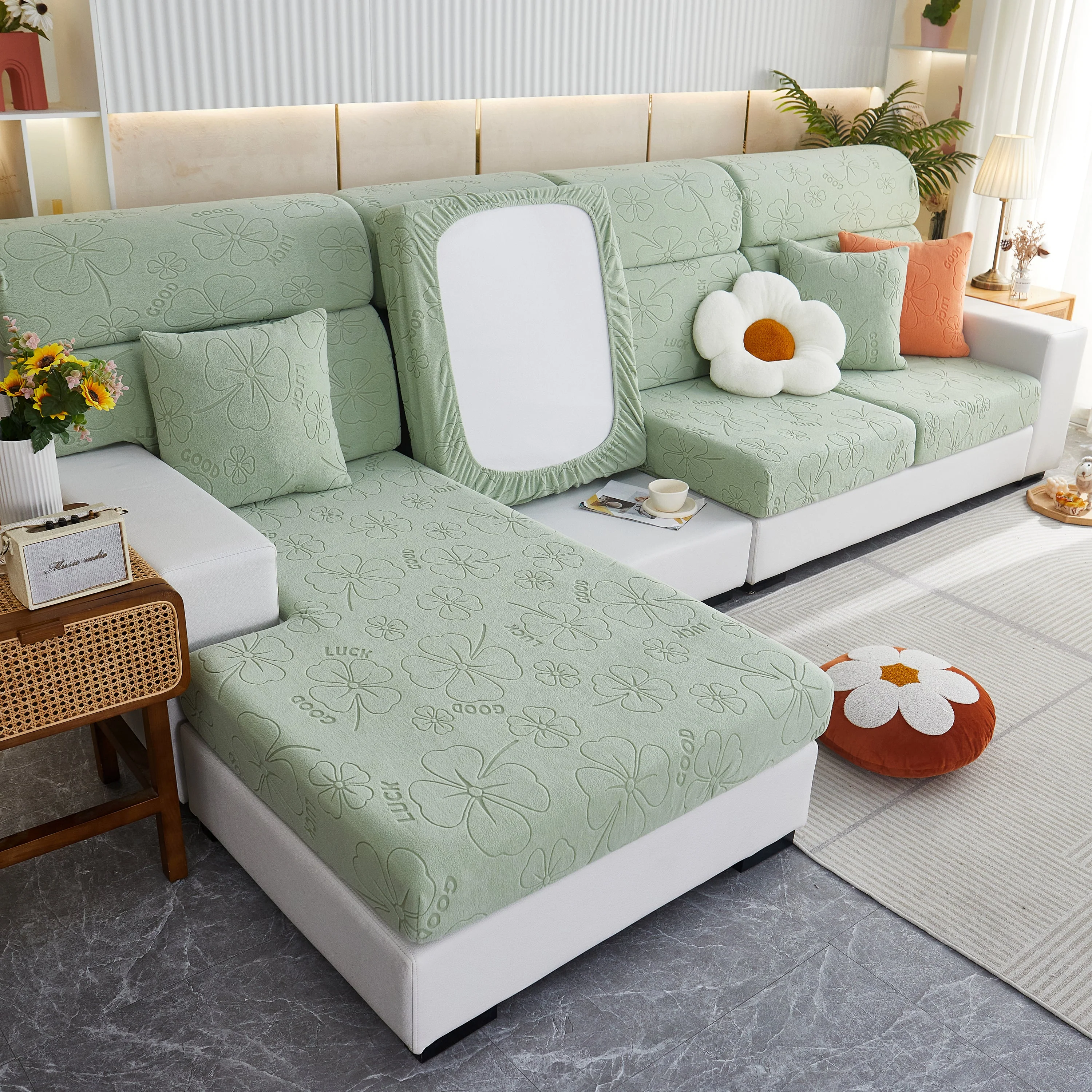Lucky Clover Slipcover Non-Slip Stretch Jacquard Polar Fleece Sofa Cover for Pets, Cushions, Couches - Image 28
