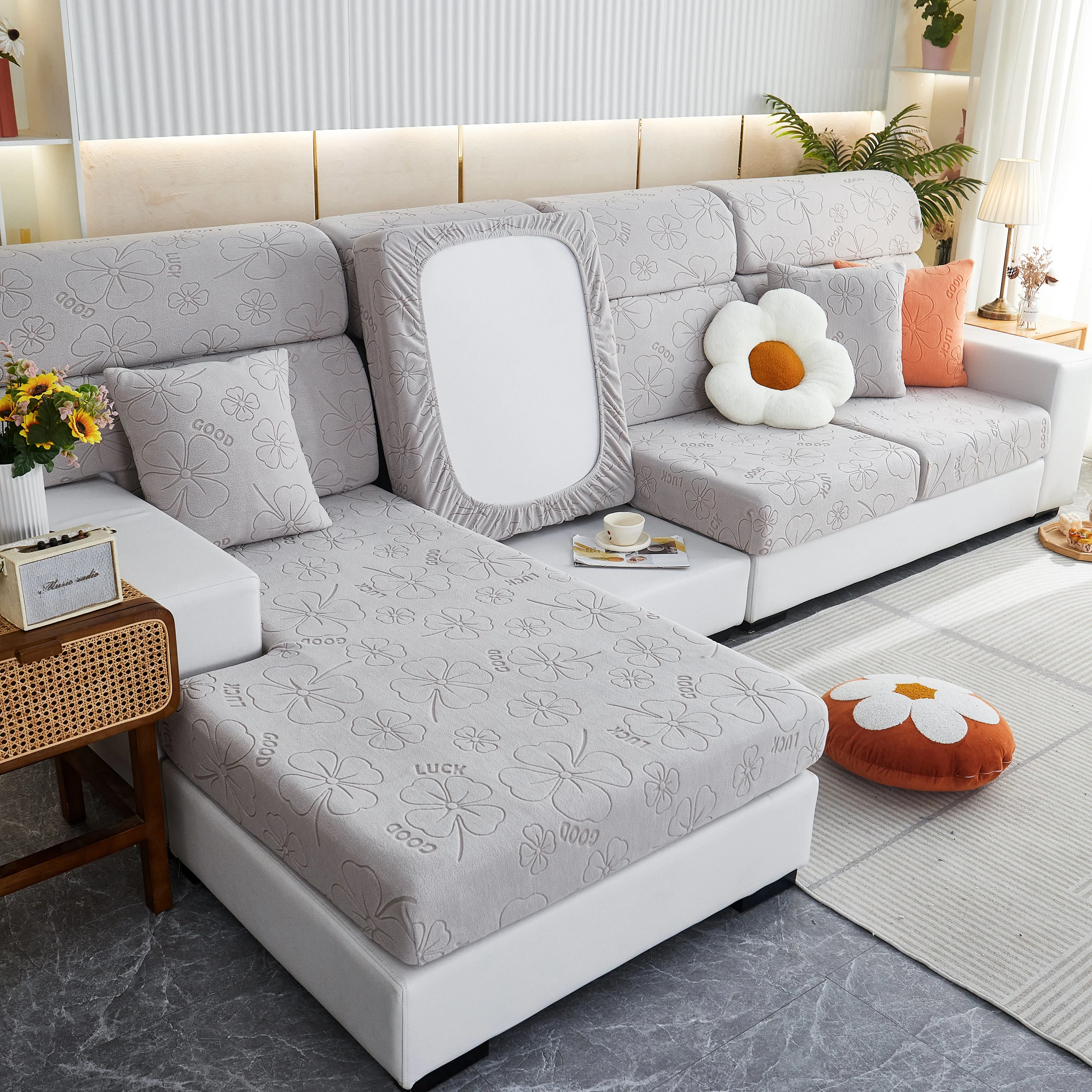Lucky Clover Slipcover Non-Slip Stretch Jacquard Polar Fleece Sofa Cover for Pets, Cushions, Couches - Image 56