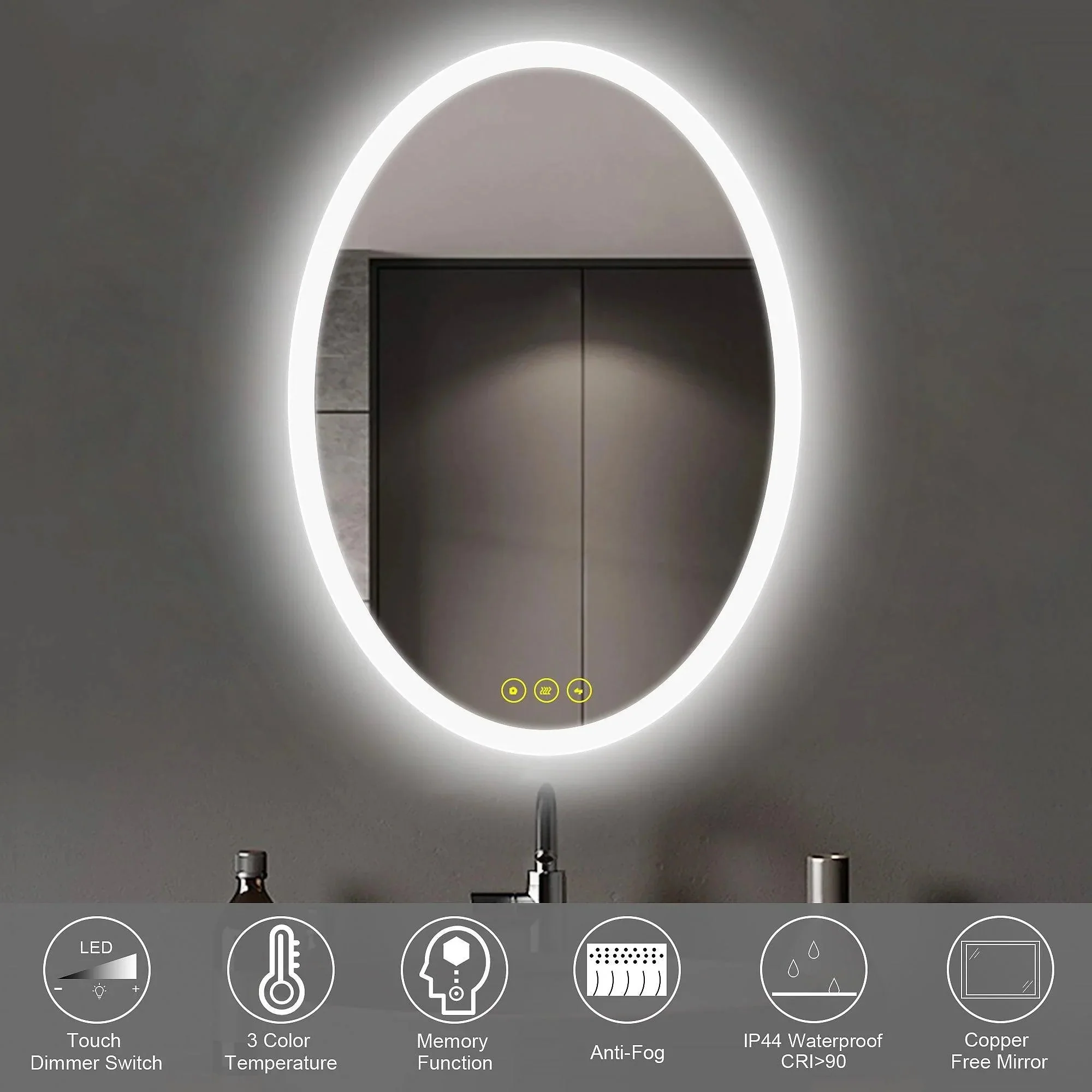 LuminaMirror Oval Frameless LED Anti-Fog Dimmable Bathroom Vanity Mirror - Image 3