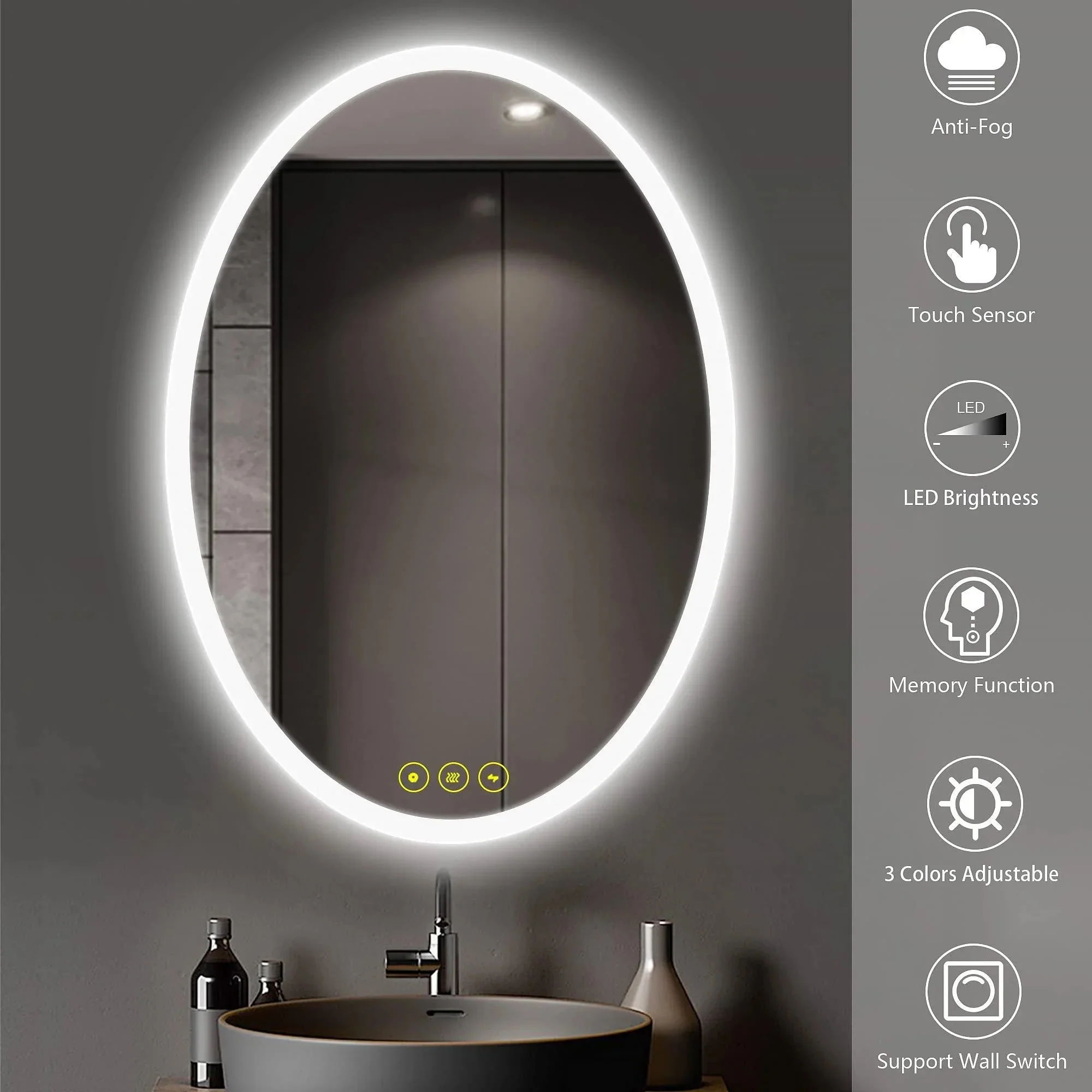 LuminaMirror Oval Frameless LED Anti-Fog Dimmable Bathroom Vanity Mirror - Image 9