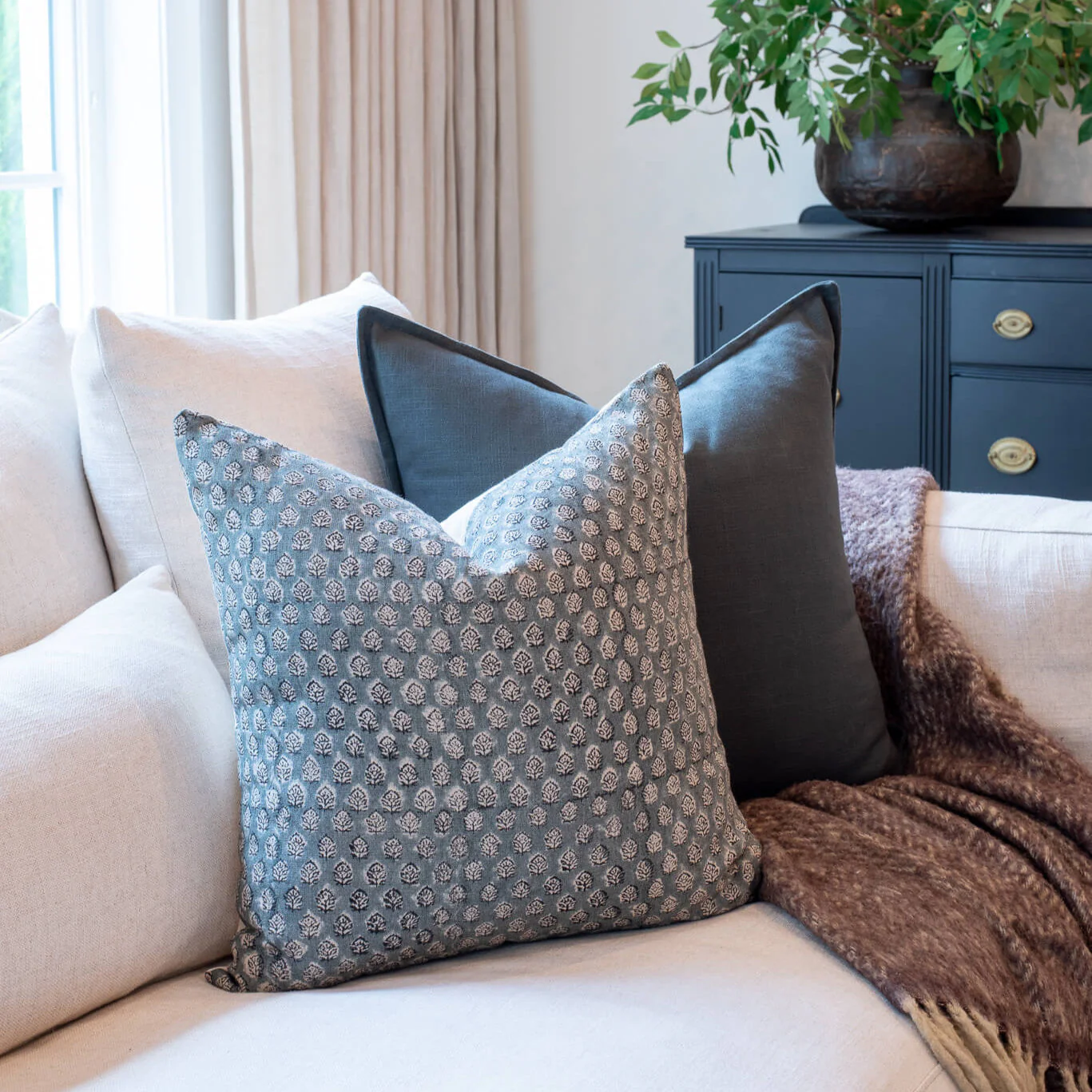 Luna Floral Block Printed Pillow Cover | Blue/Teal Green - Image 4