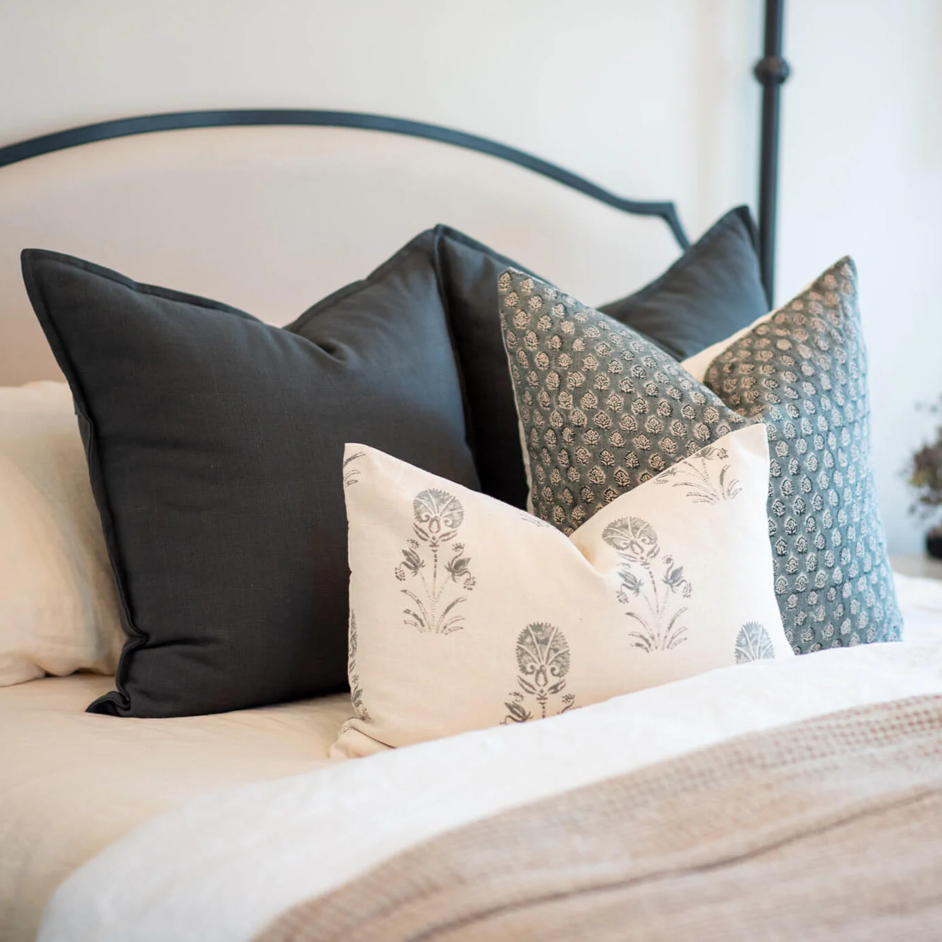 Luna Floral Block Printed Pillow Cover | Blue/Teal Green - Image 5