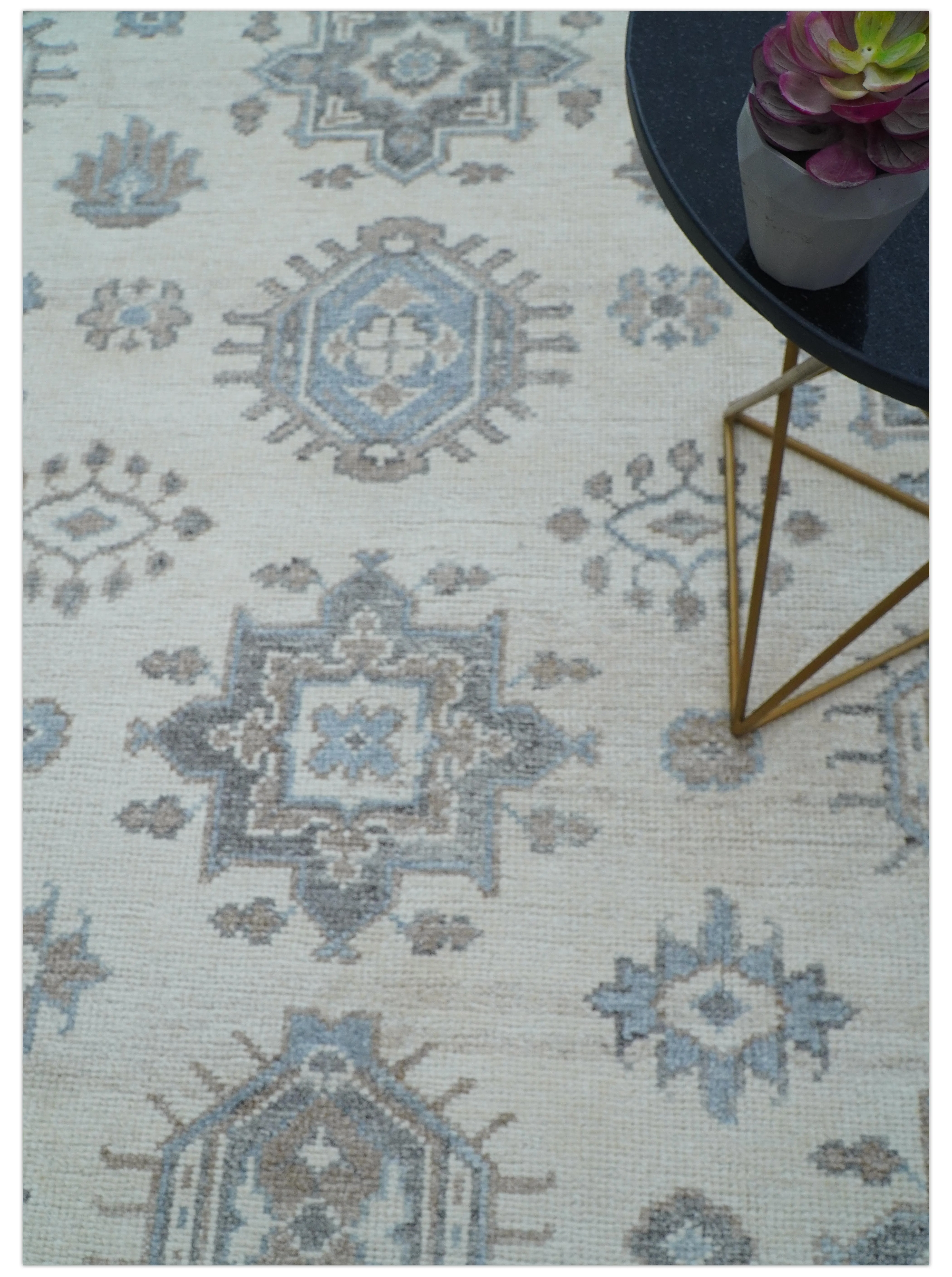 Luxe Custom Made Turkish Ivory Hand knotted Wool And Linen Blend Rug - Image 3
