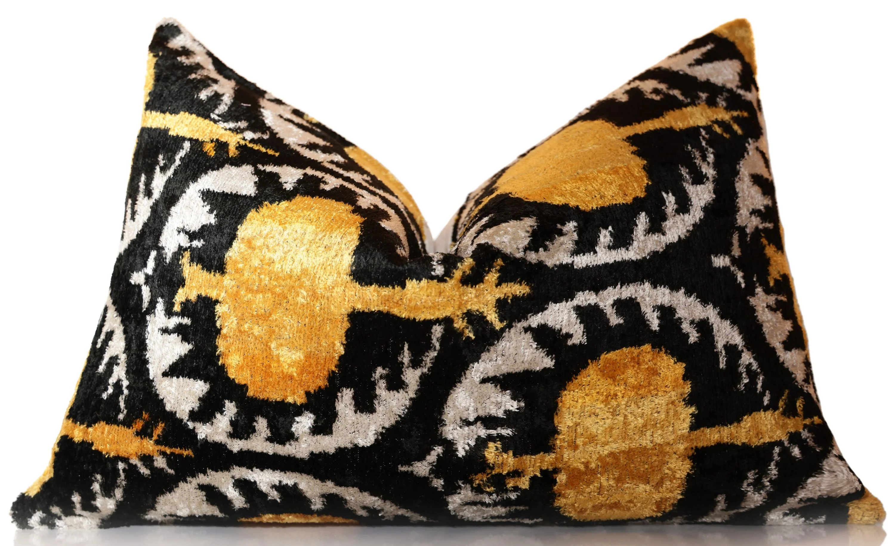 Luxury Black and Gold Silk Velvet Ikat Lumbar Pillow 16x24 Inch with Down Insert - Image 5