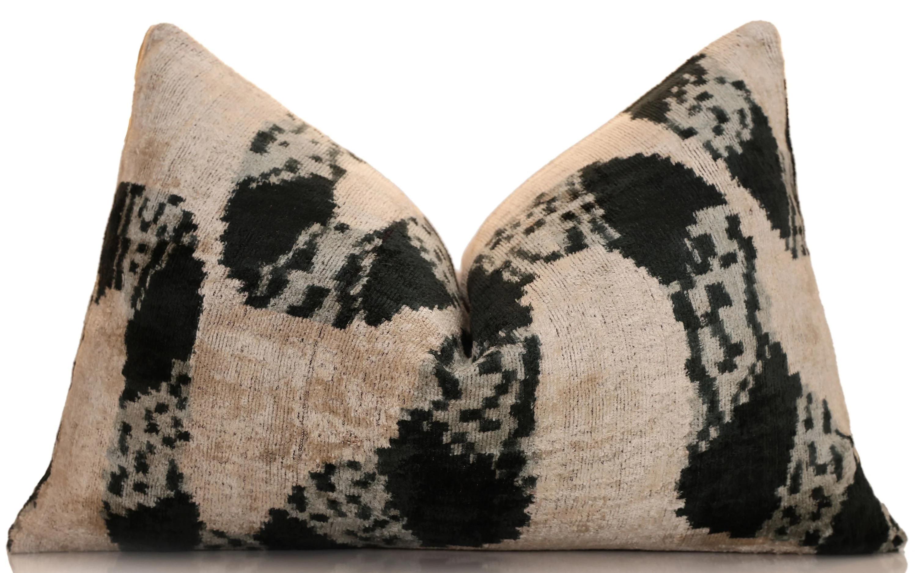 Luxury Black and Natural Silk Velvet Ikat Lumbar Pillow 16x24 Inch with Down Insert - Image 5